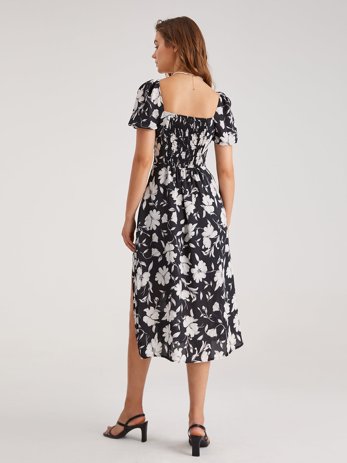 Thecomense - Short Puff Sleeve Square Neck Midi Slit Dress