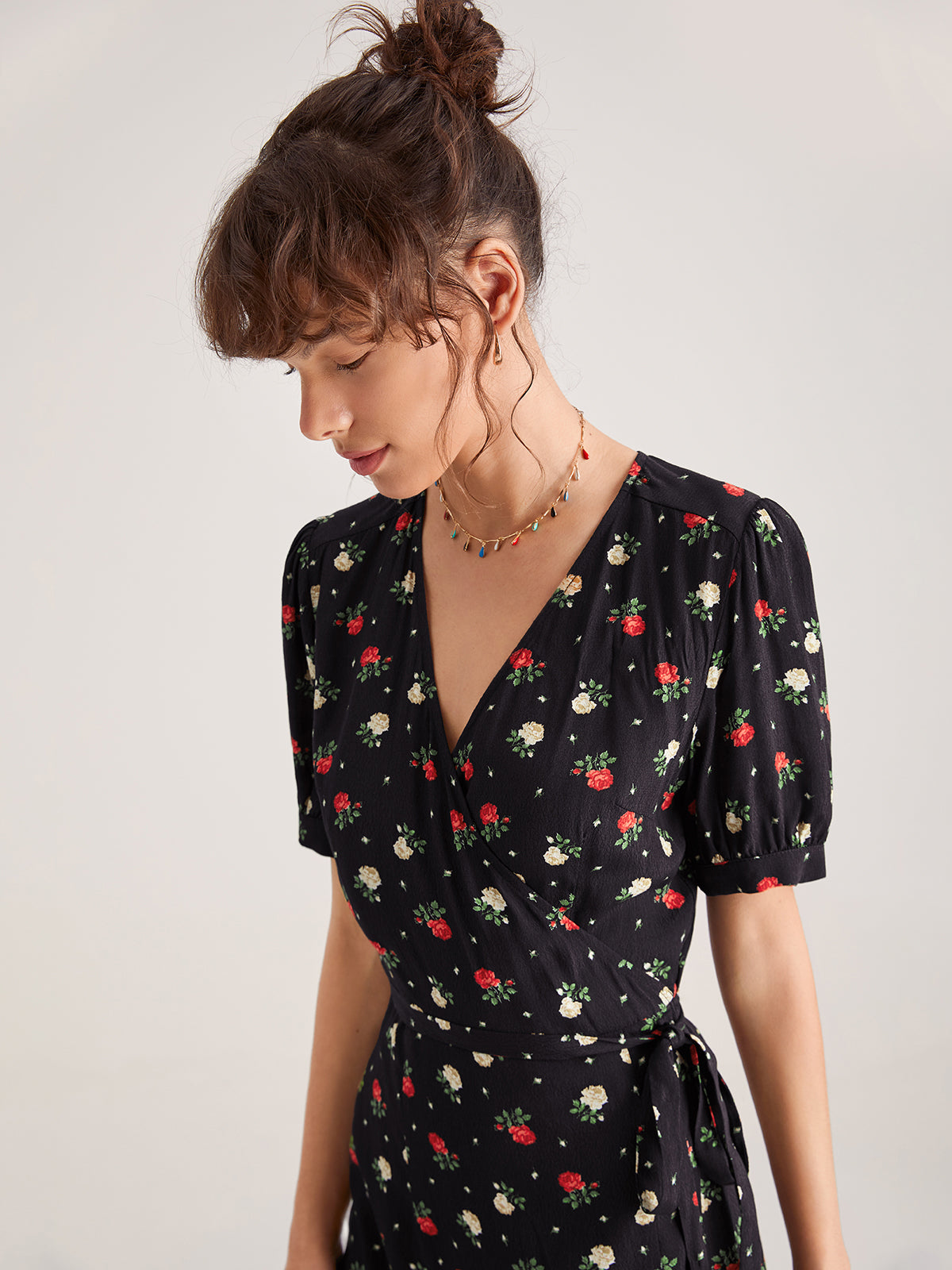 Thecomense - Floral Side Tie Thigh Split Midi Dress