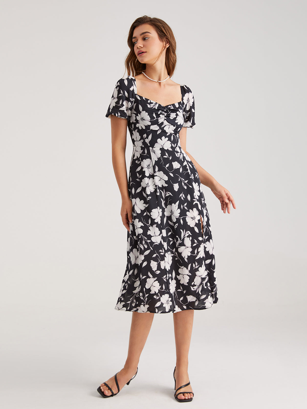 Thecomense - Short Puff Sleeve Square Neck Midi Slit Dress