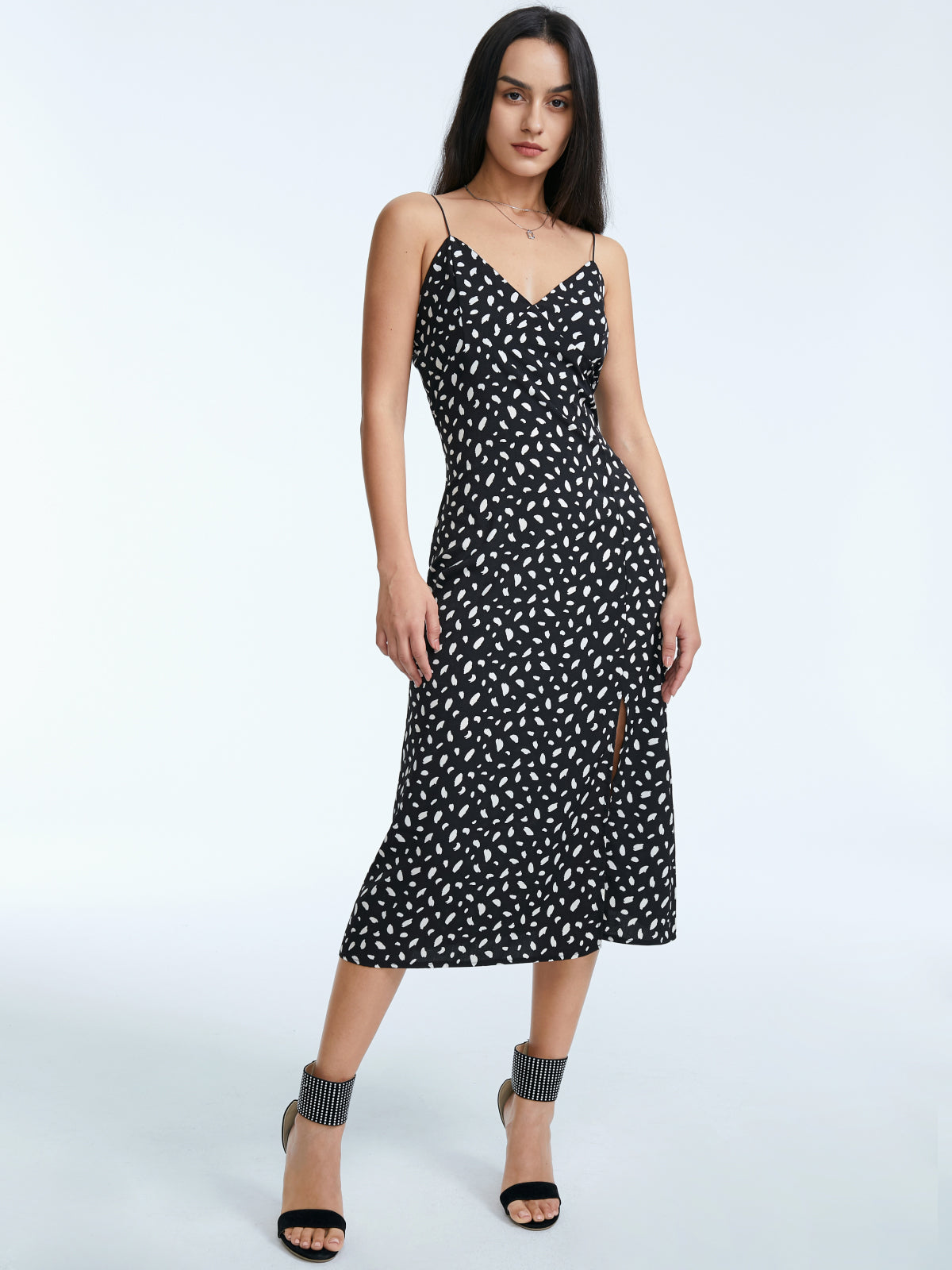 Thecomense - Sweetheart Contrast Print Slit Strap Midi Dress