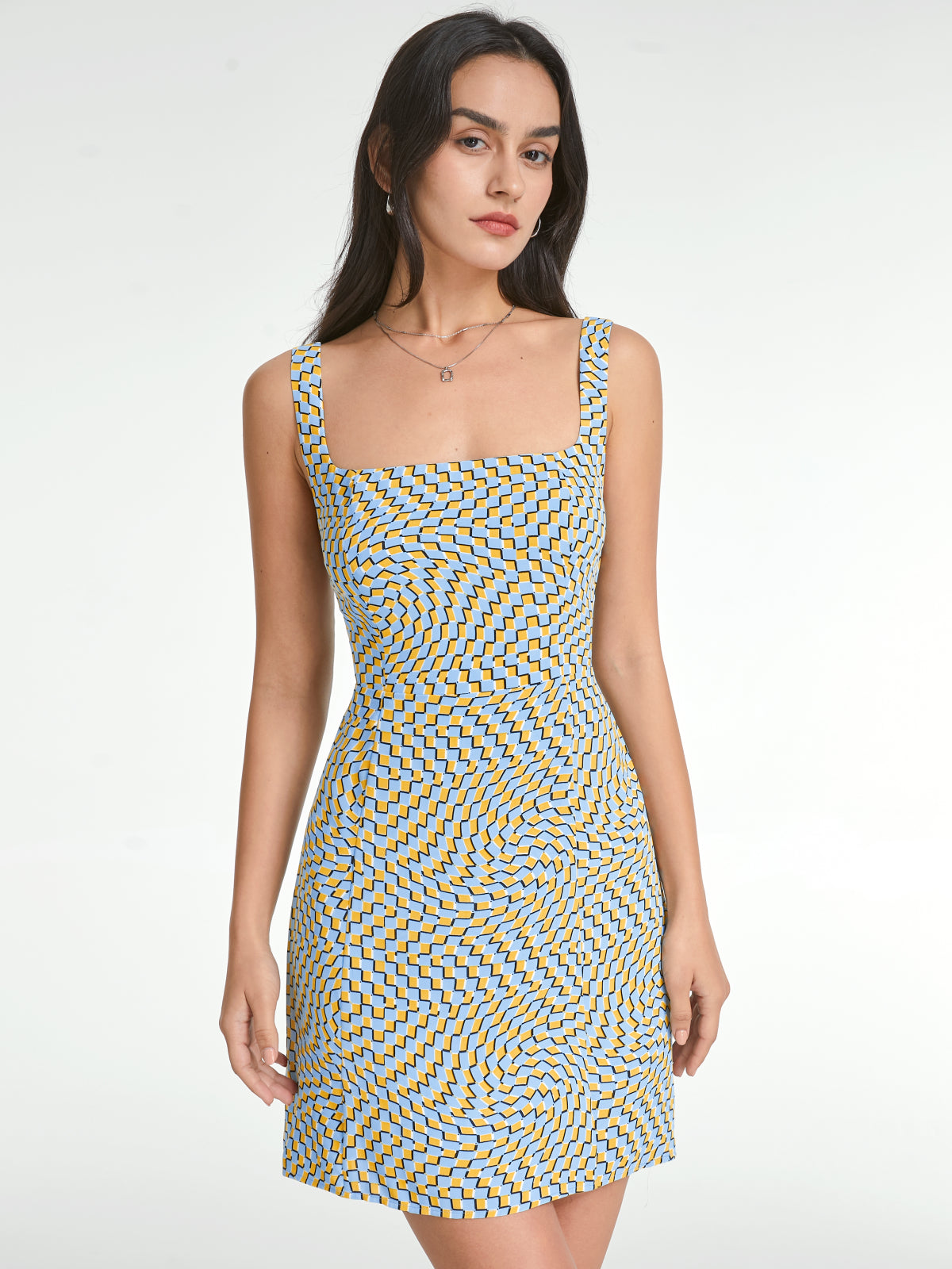 Thecomense - Psychedelic Square Neck Mini Strap Dress