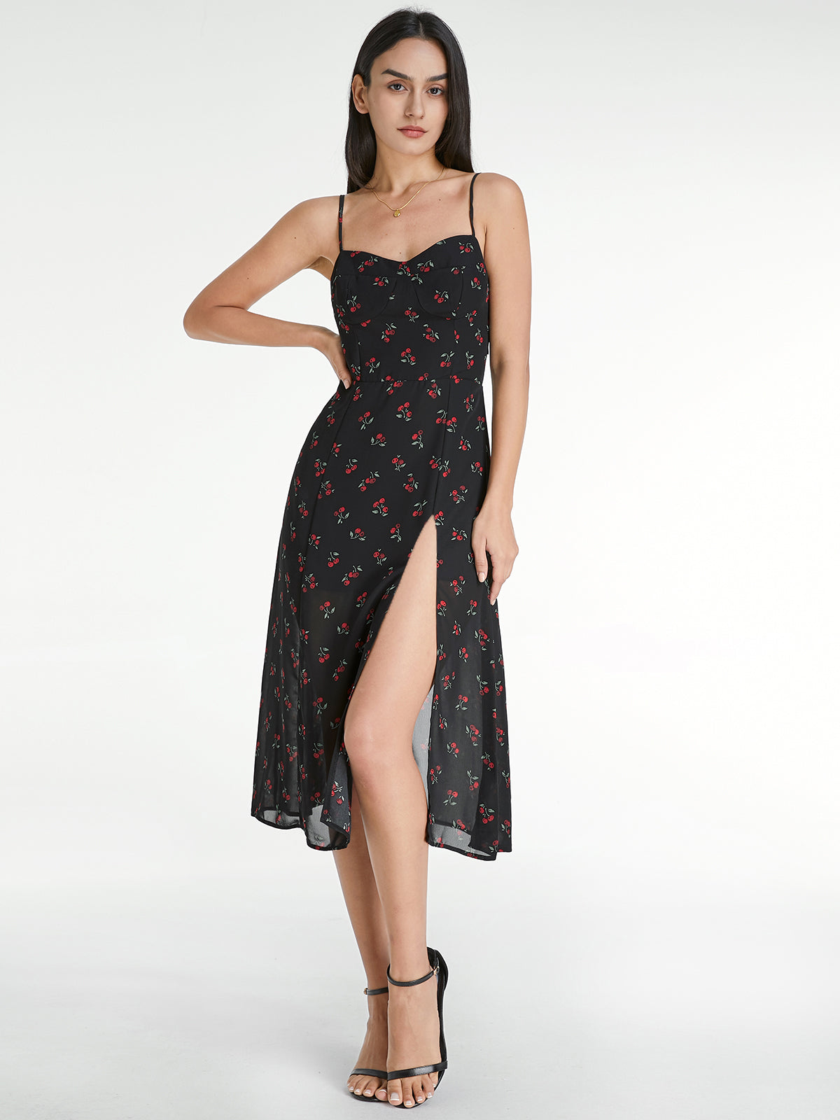 Thecomense - Sweetheart Very Cherry Strap Slit Dress With Sheer Overlay