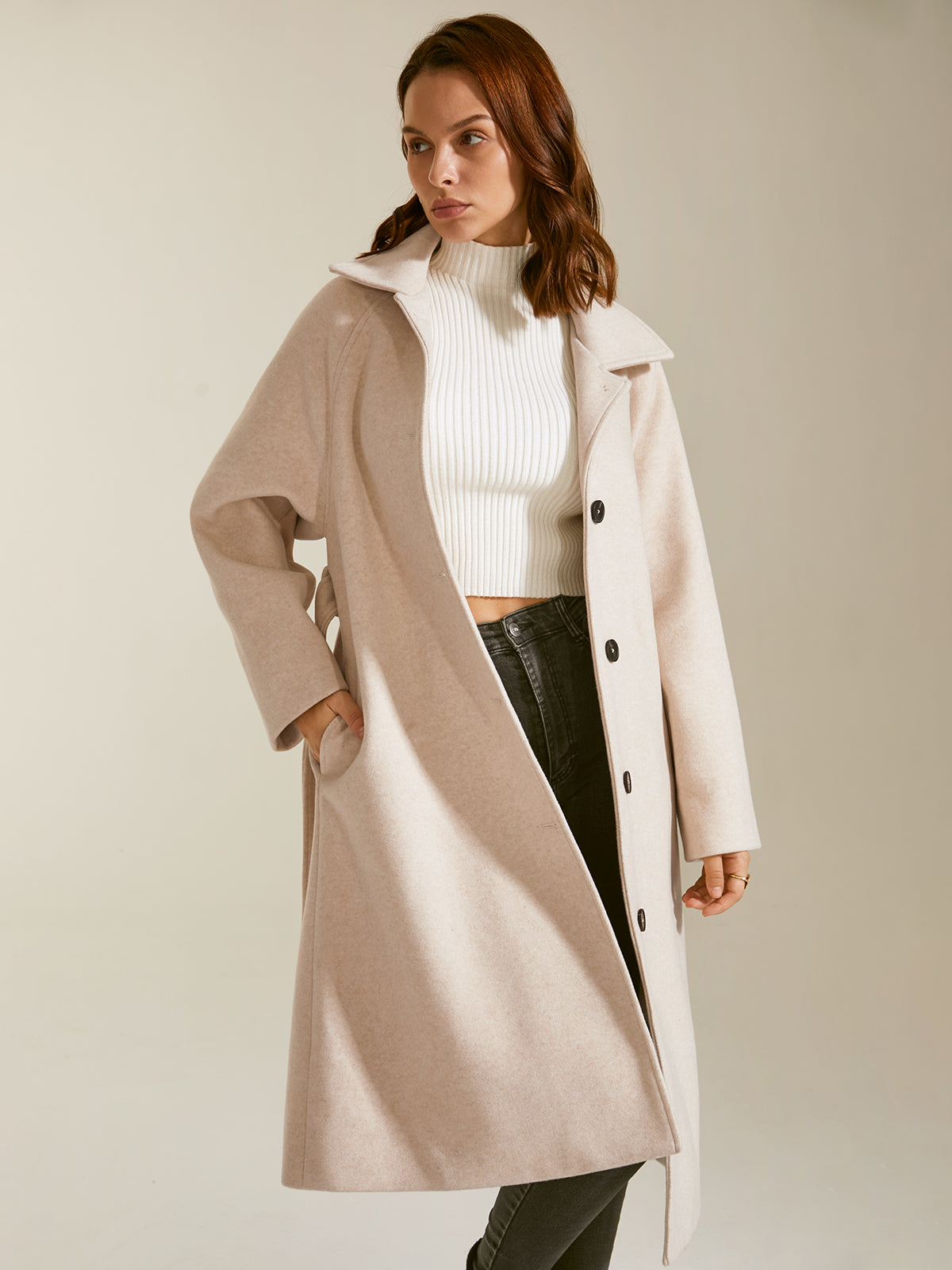 Thecomense - Brushed Wool Long Belted Overcoat