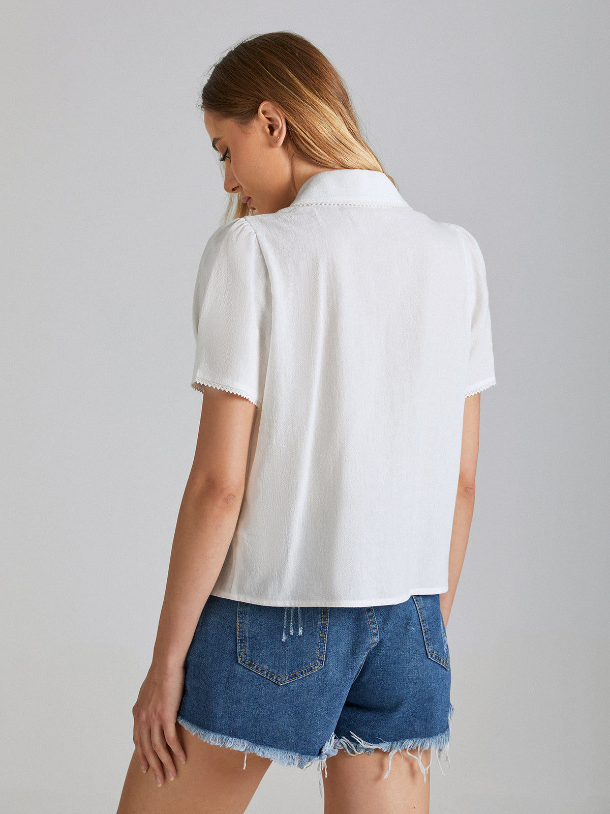 Thecomense - Puff Sleeve Button Front Collar Neck Top