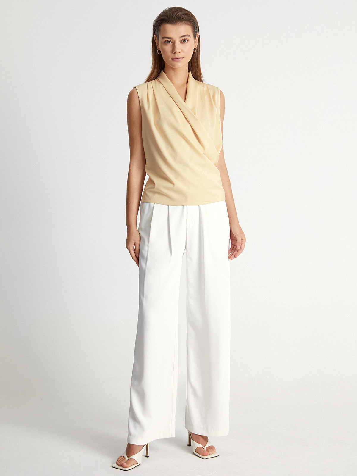 Thecomense - Sleeveless Shoulder Pleat Wrap Top