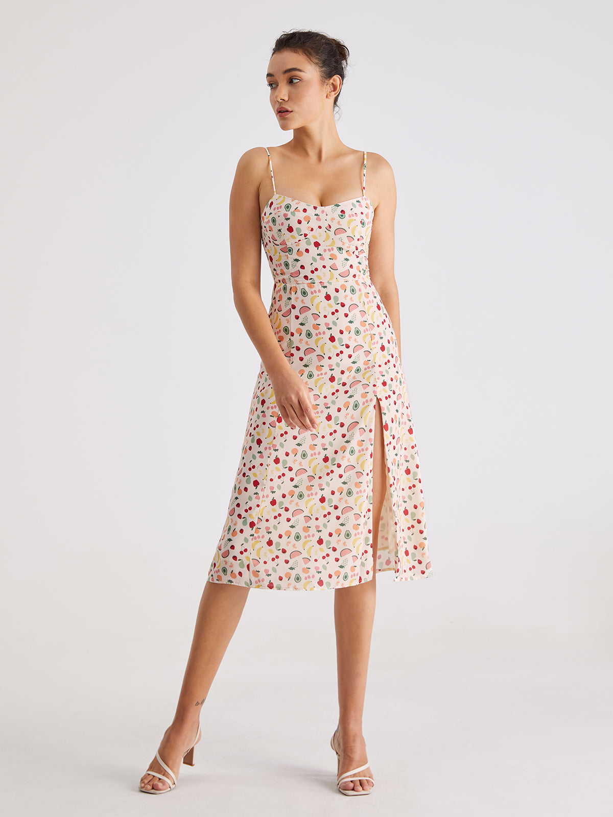 Thecomense - Sweetheart Fruit Pattern Midi Slit Strap Dress