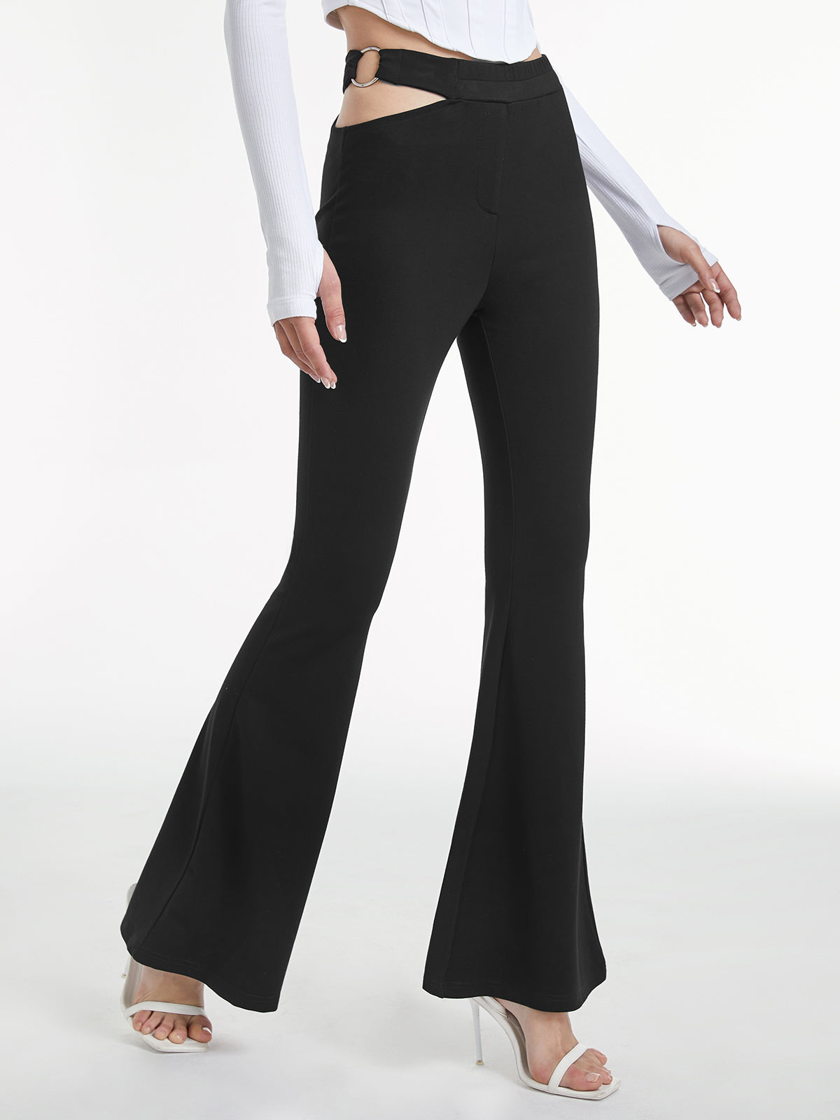 Thecomense - High Waisted Cutout Ring Belt Pants