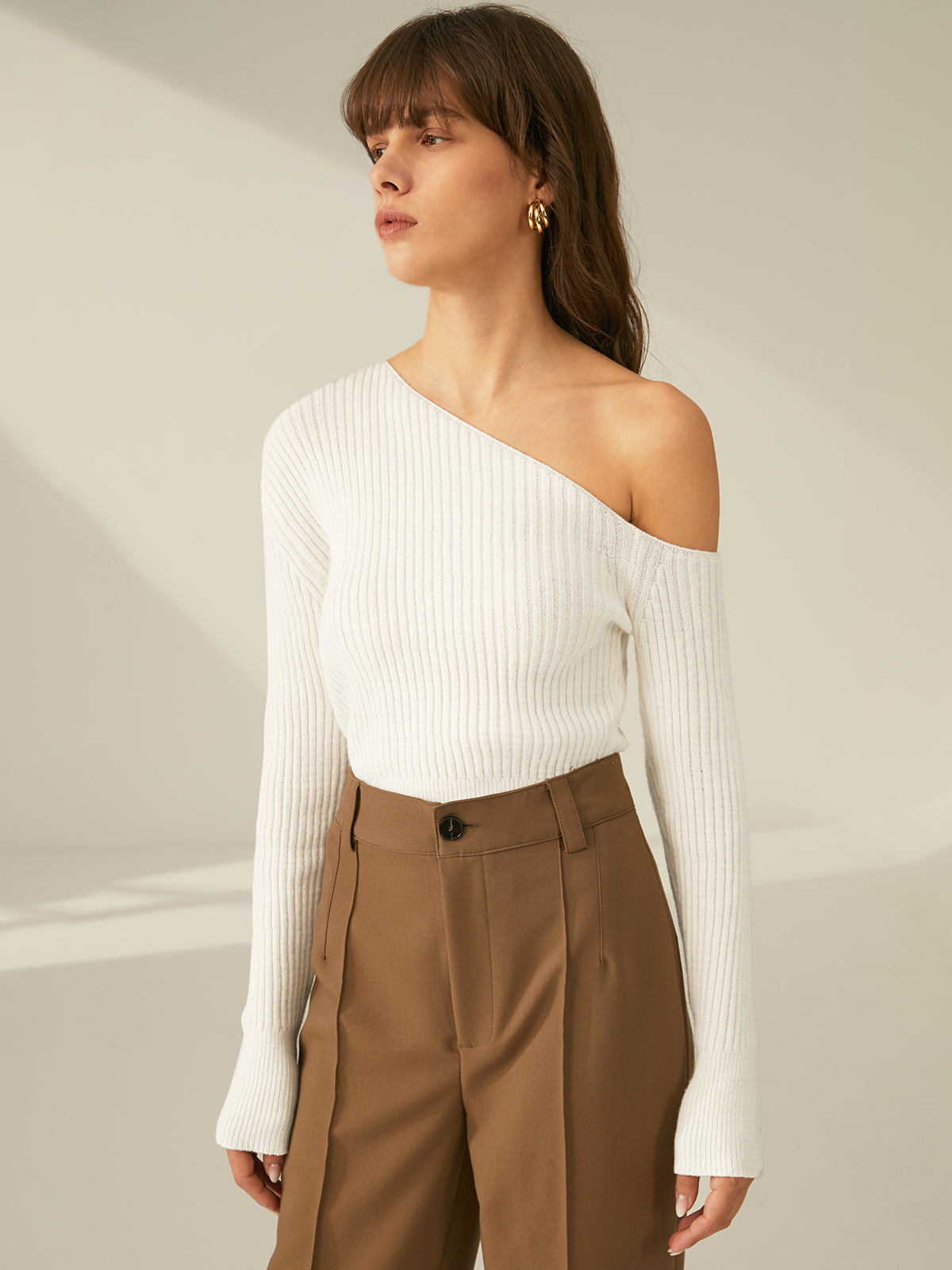 Thecomense - One Shoulder Long Sleeve Ribbed Pullover Sweater