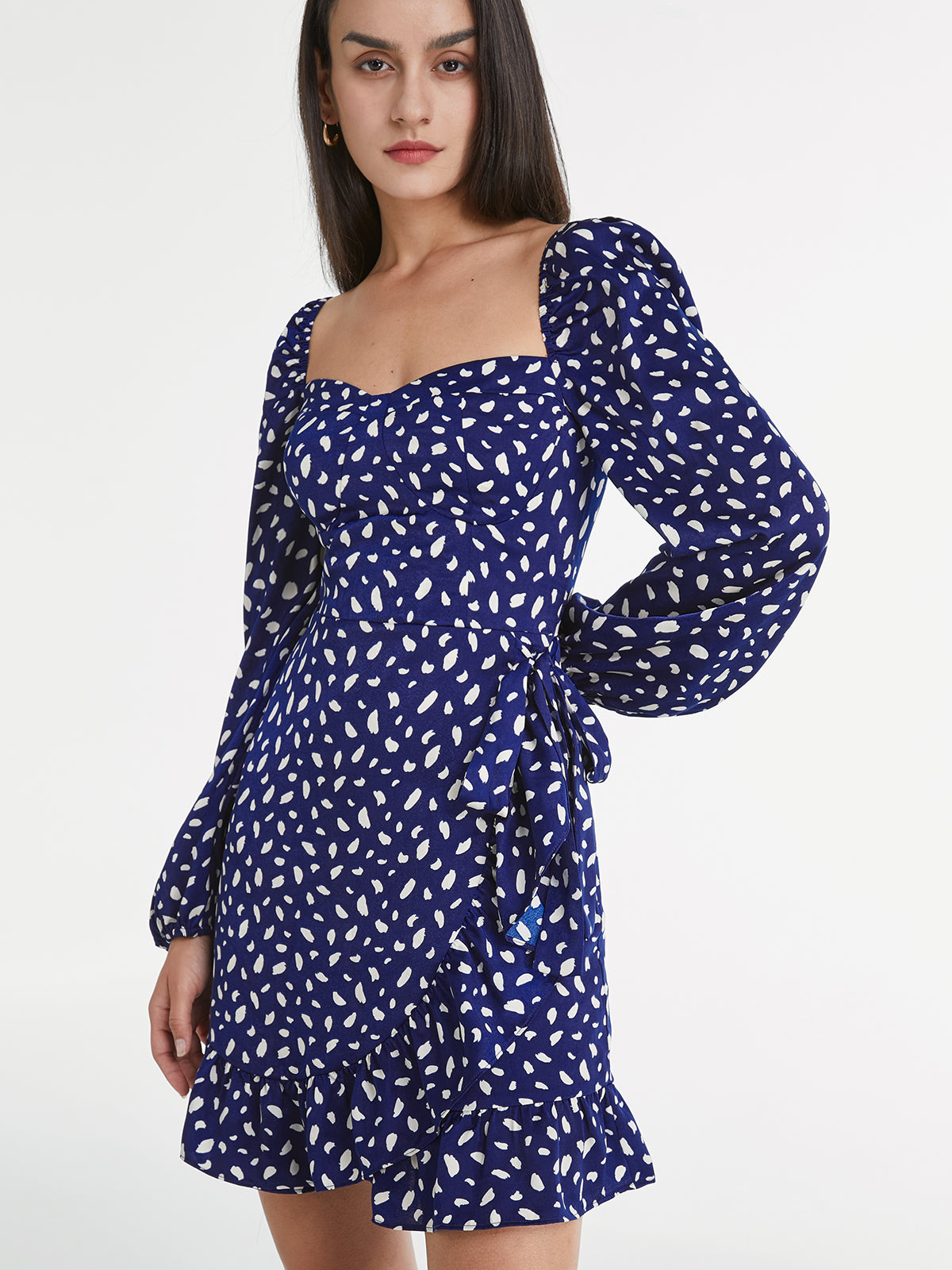 Thecomense - Sweetheart Long Puff Sleeve Printed Mini Ruffle Dress