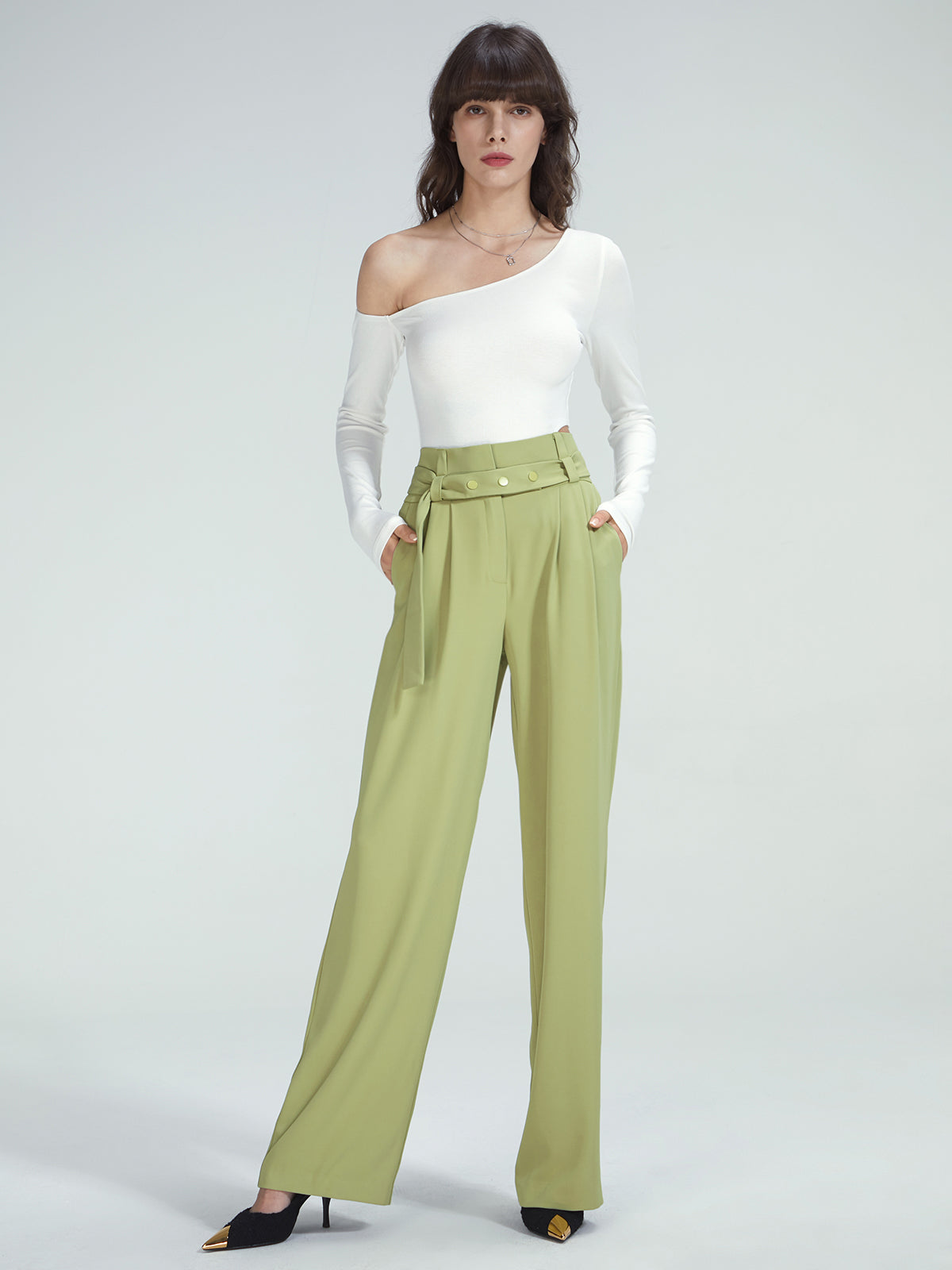 Thecomense - High Waisted Belted Pleat Front Trousers
