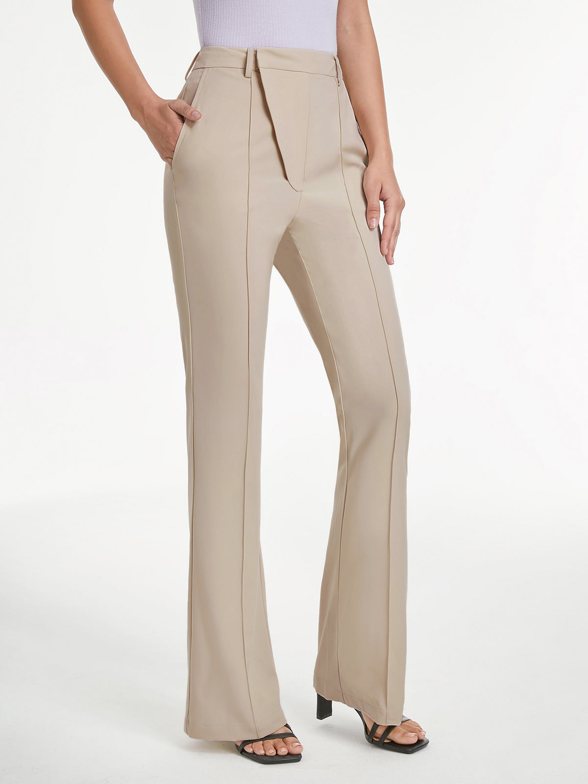 Thecomense - High Waisted Asymmetrical Closure Seam Detail Flare Trousers