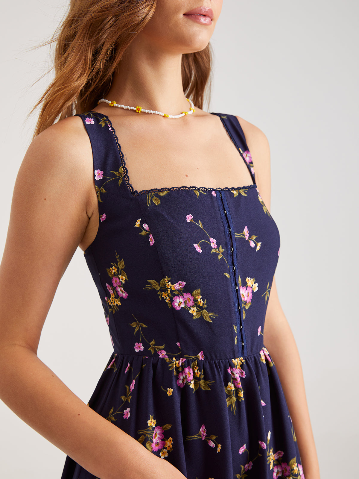 Thecomense - Floral Front Hook-and-Eye Zip Up Square Neck Midi Dress