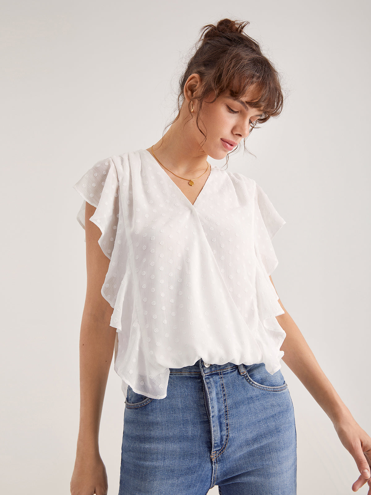 Thecomense - V-Neck Polka Dot Flutter Sleeve Top
