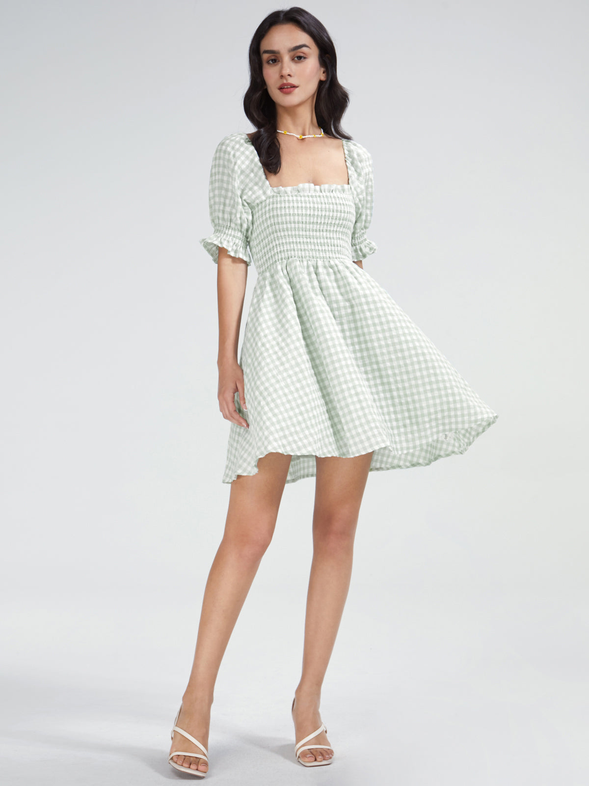 Thecomense - Square Neck Gingham Short Puff Sleeve Mini A Line Dress
