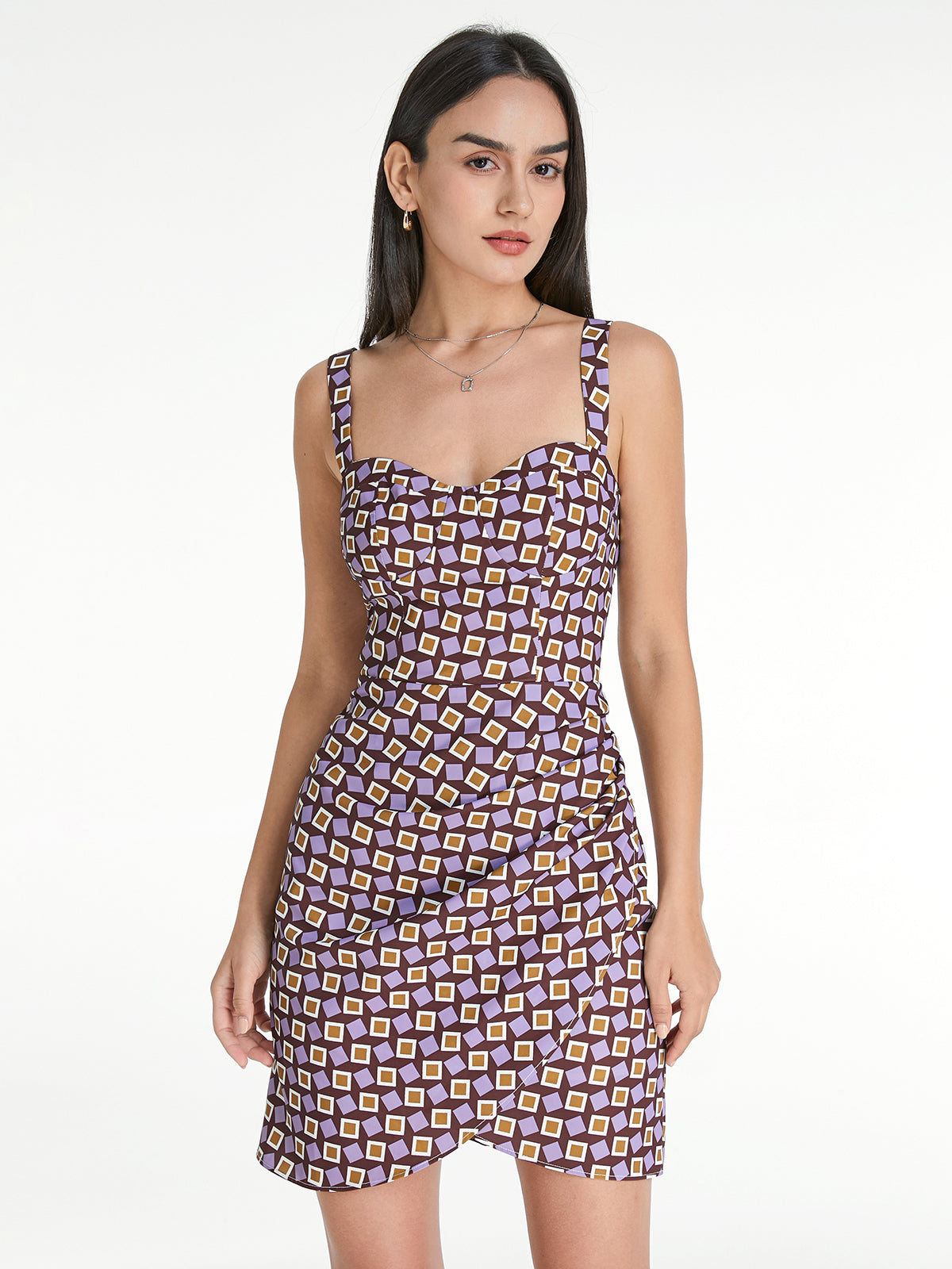 Thecomense - Groovy Geometric Mauve Wrap Pleat Strap Dress