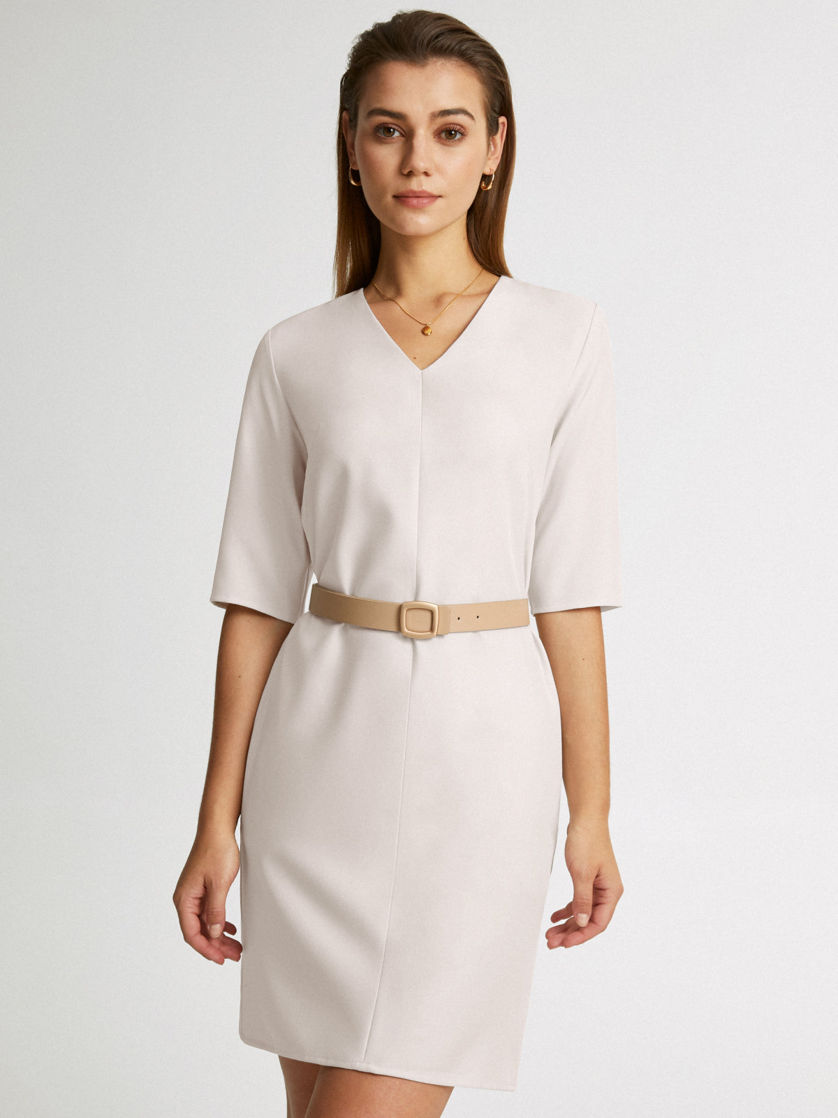 Thecomense - V Neck Belted Short Sleeve Sheath Dress Without Belt