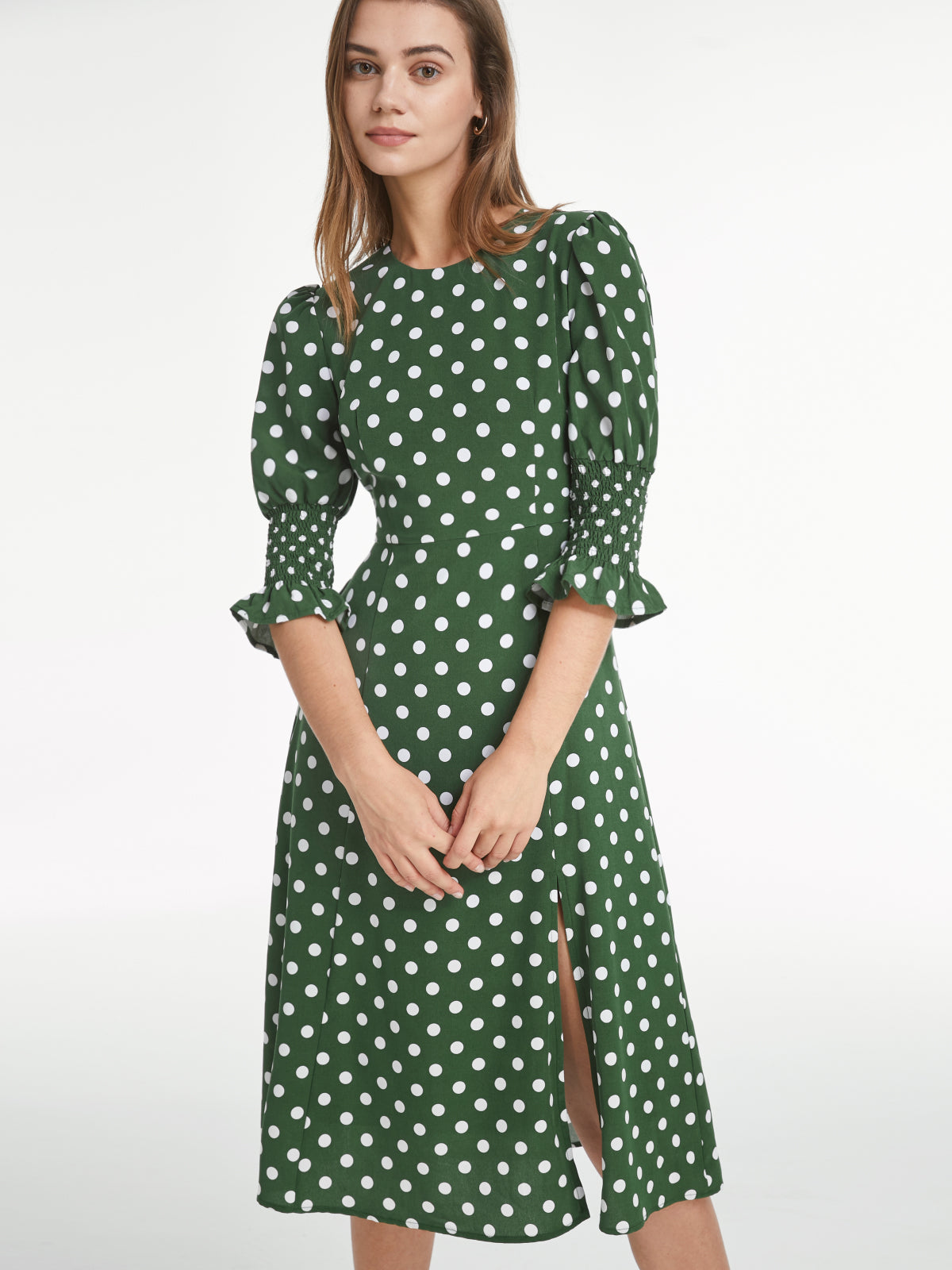 Thecomense - Short Puff Sleeve Straight Neck Polka Dot Slit Dress