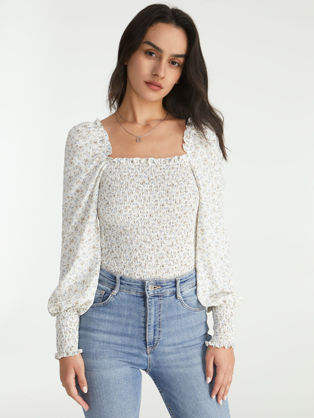 Thecomense - Ruffle Square Neck Light Flora Long Puff Ruche Sleeve Top