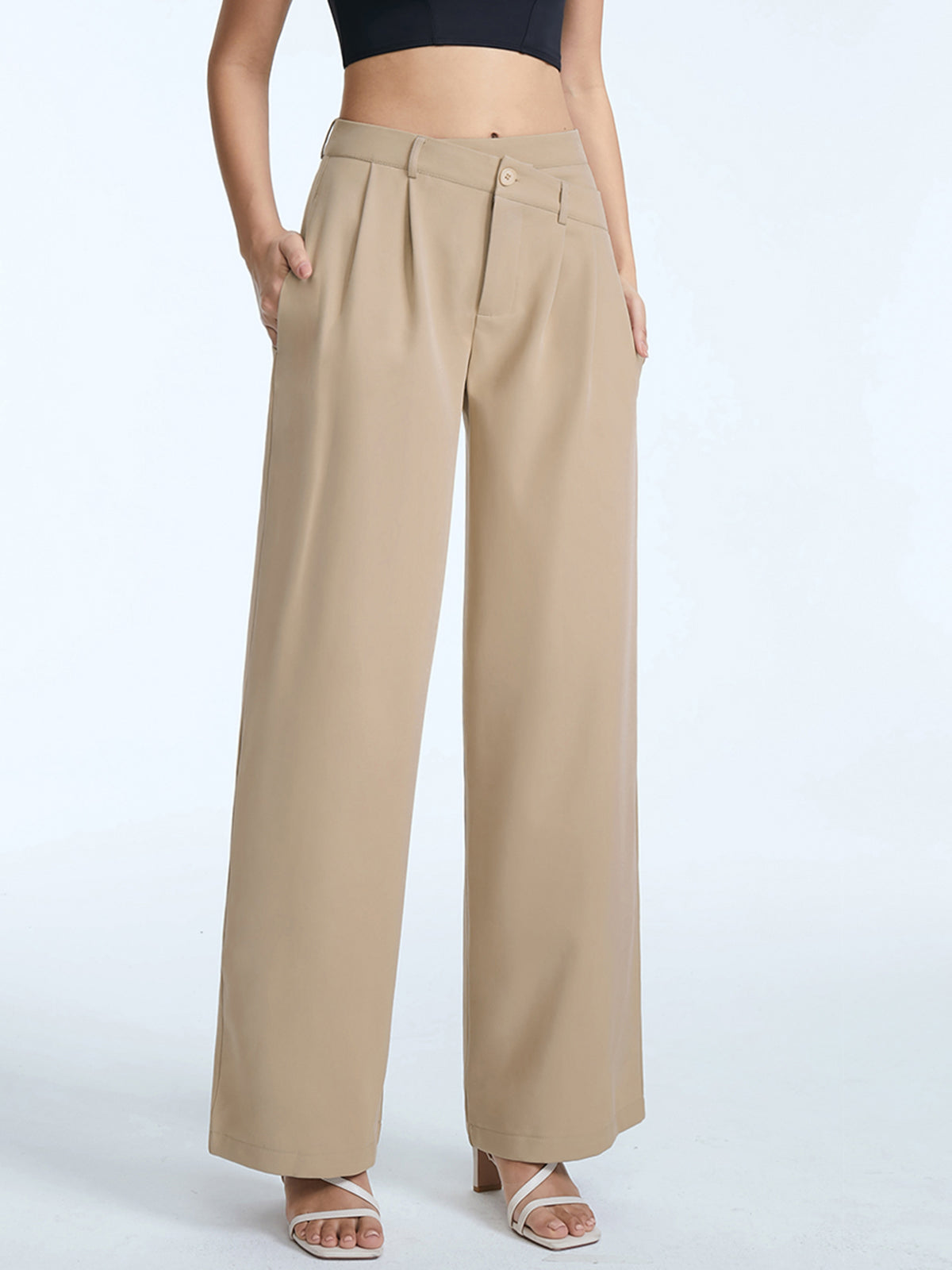 Thecomense - High Waisted Asymmetrical Pleat Front Wide Leg Trousers