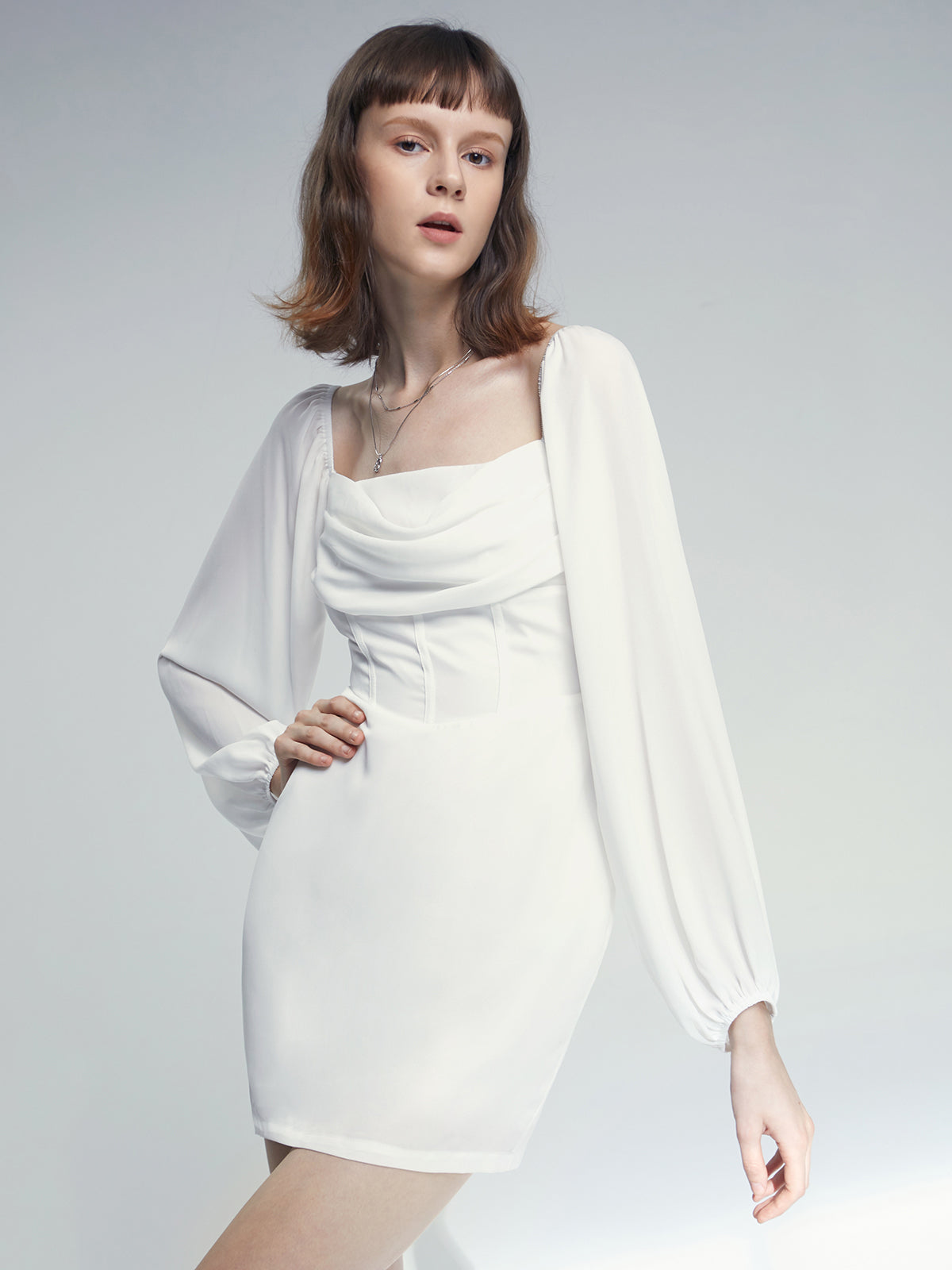 Thecomense - Loose Long Sleeve Corset Bodice Mesh Mini Dress