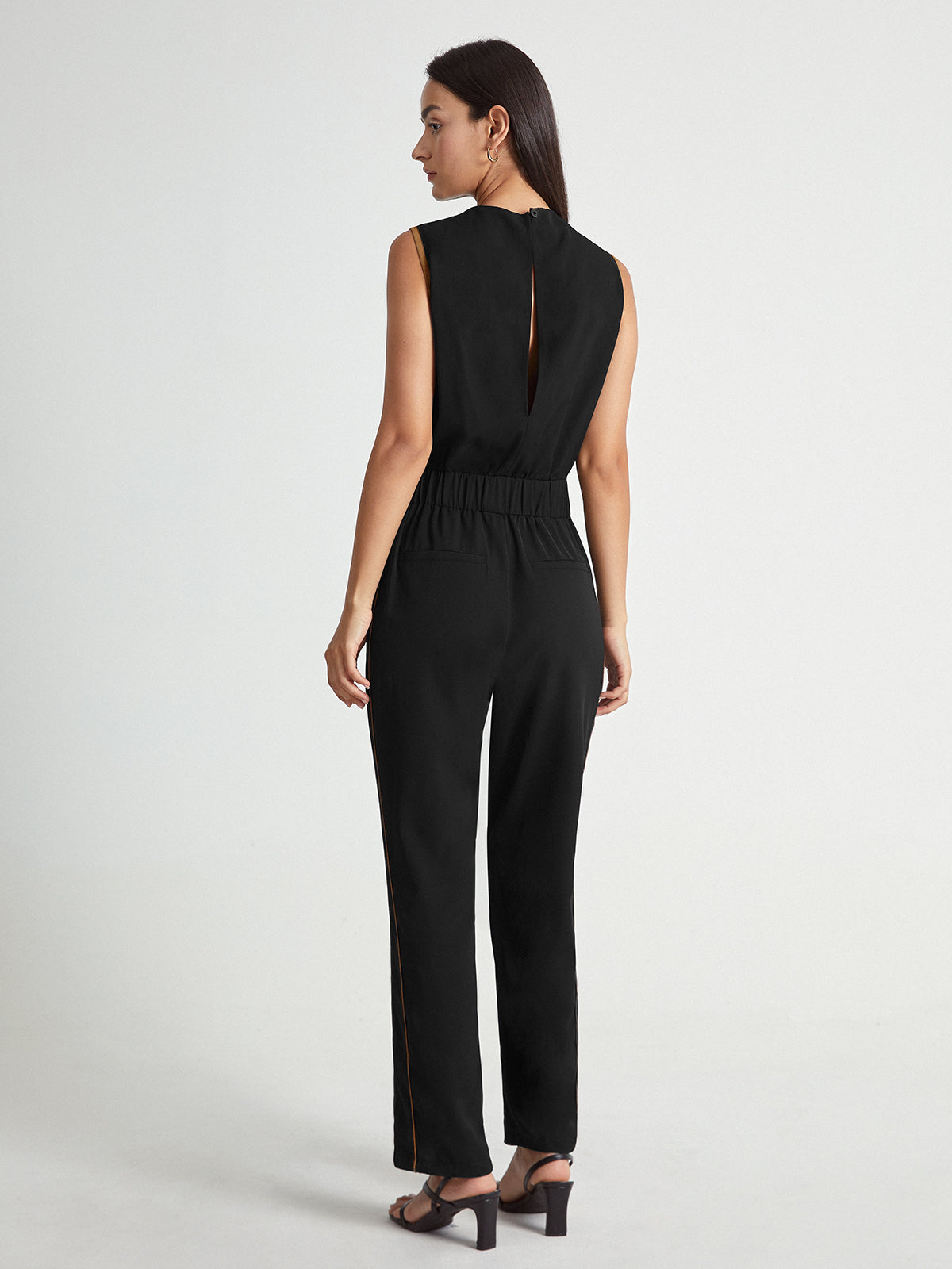 Thecomense - Sleeveless High Square Neck Elastic Waist Tapered Jumpsuit