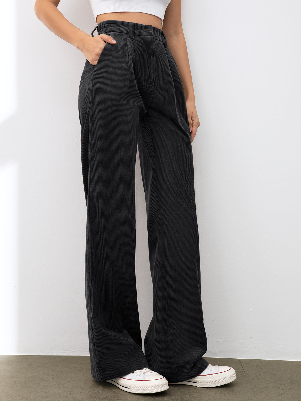 Thecomense - Wide Leg Pleated Corduroy Pants