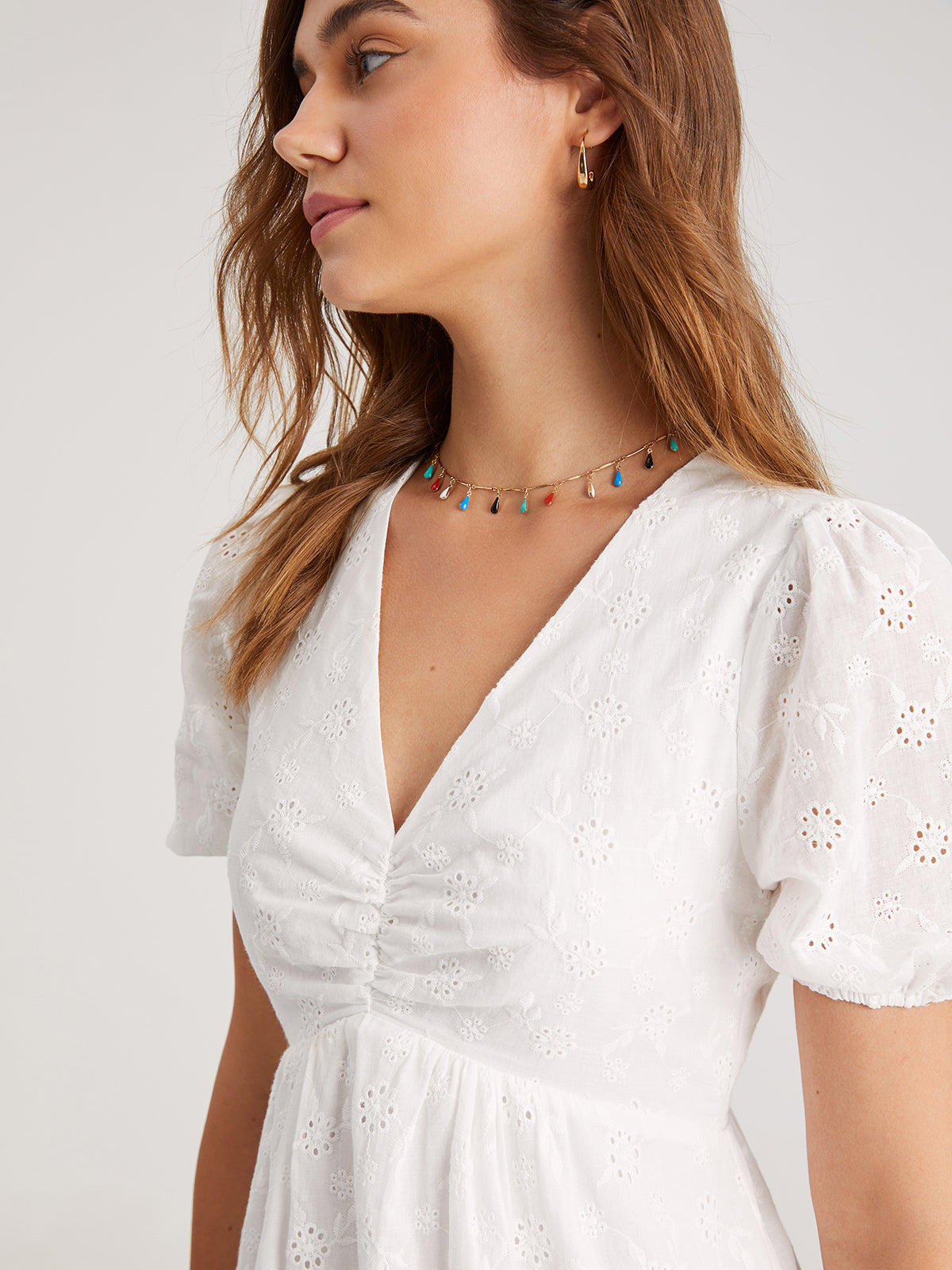 Thecomense - Short Puff Sleeve Eyelet M Dress