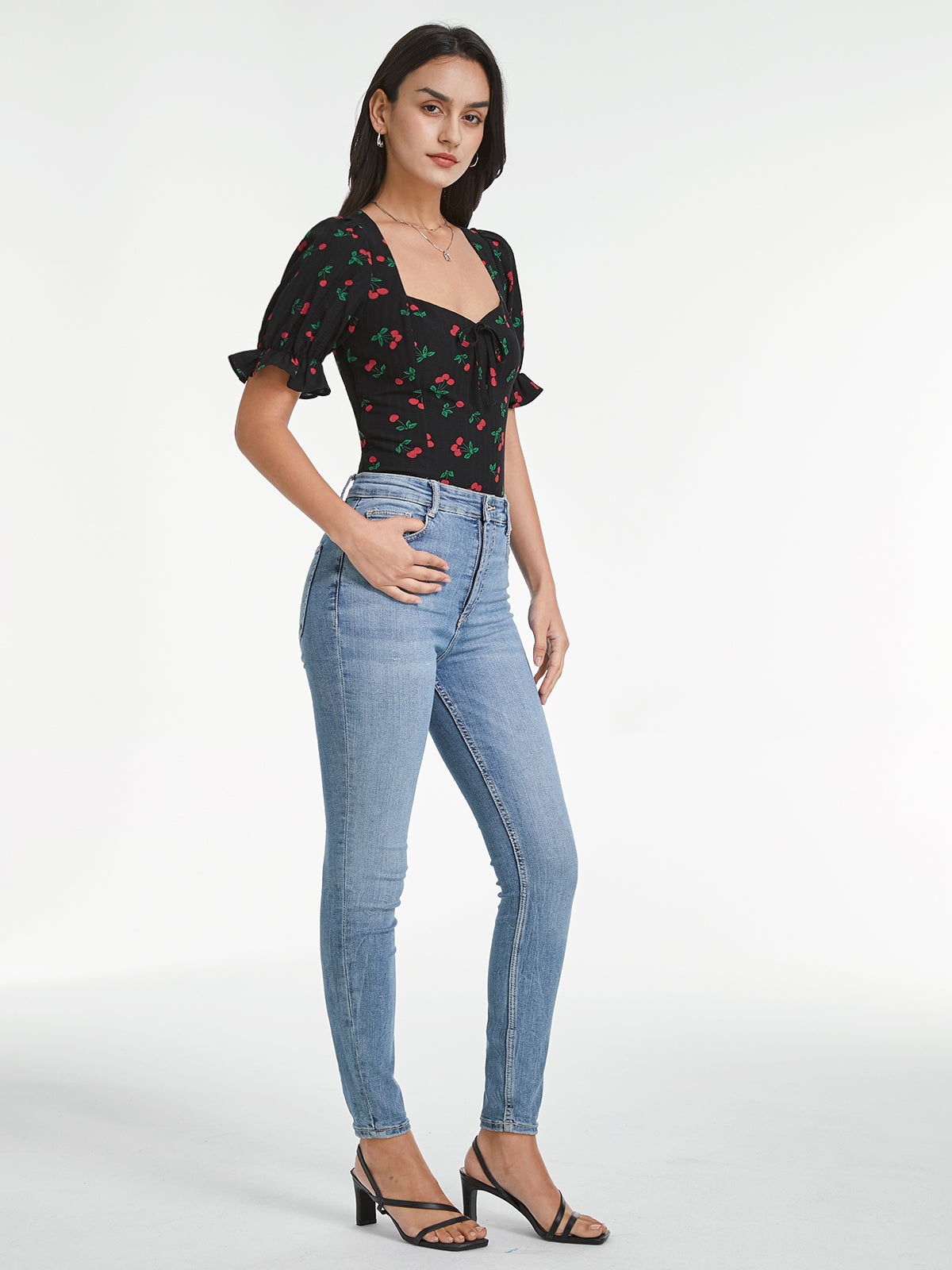 Thecomense - Sweetheart Puff Sleeve Cherry Contour Top