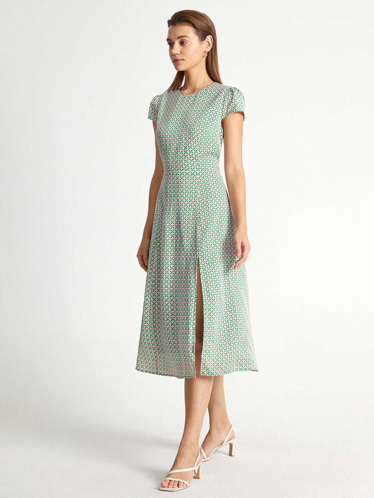Thecomense - Shoulder Cap Diamond Print Slit Dress
