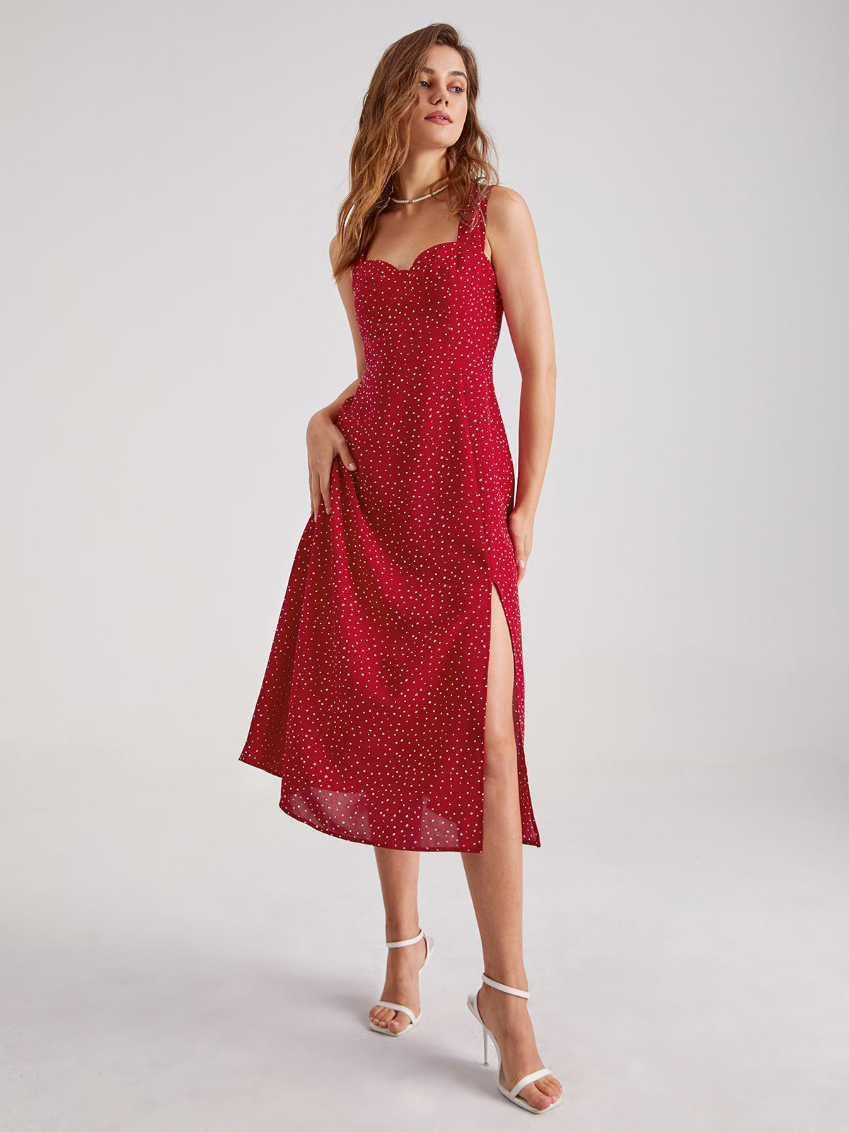Thecomense - Sweetheart Polka Dot Contour Split Dress
