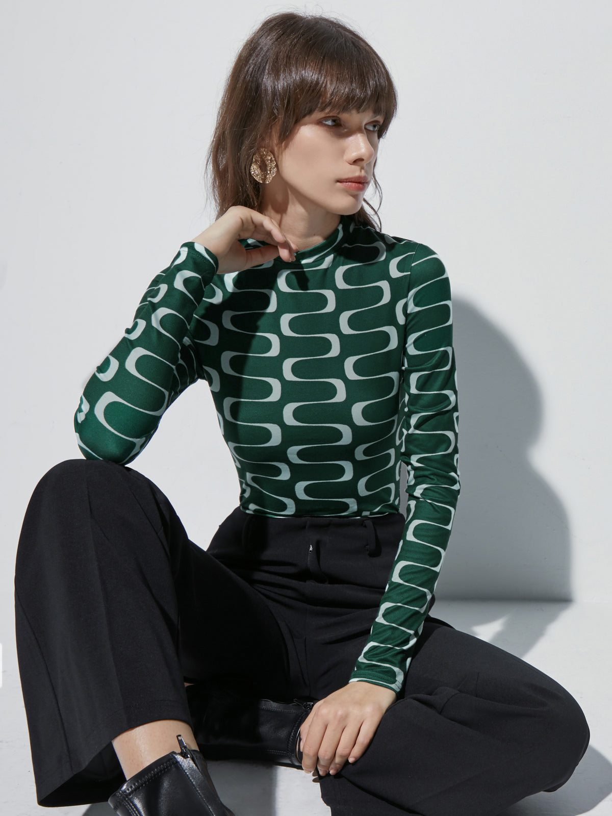 Thecomense - Groovy Emerald Green Mockneck Stretch Long Sleeve Top