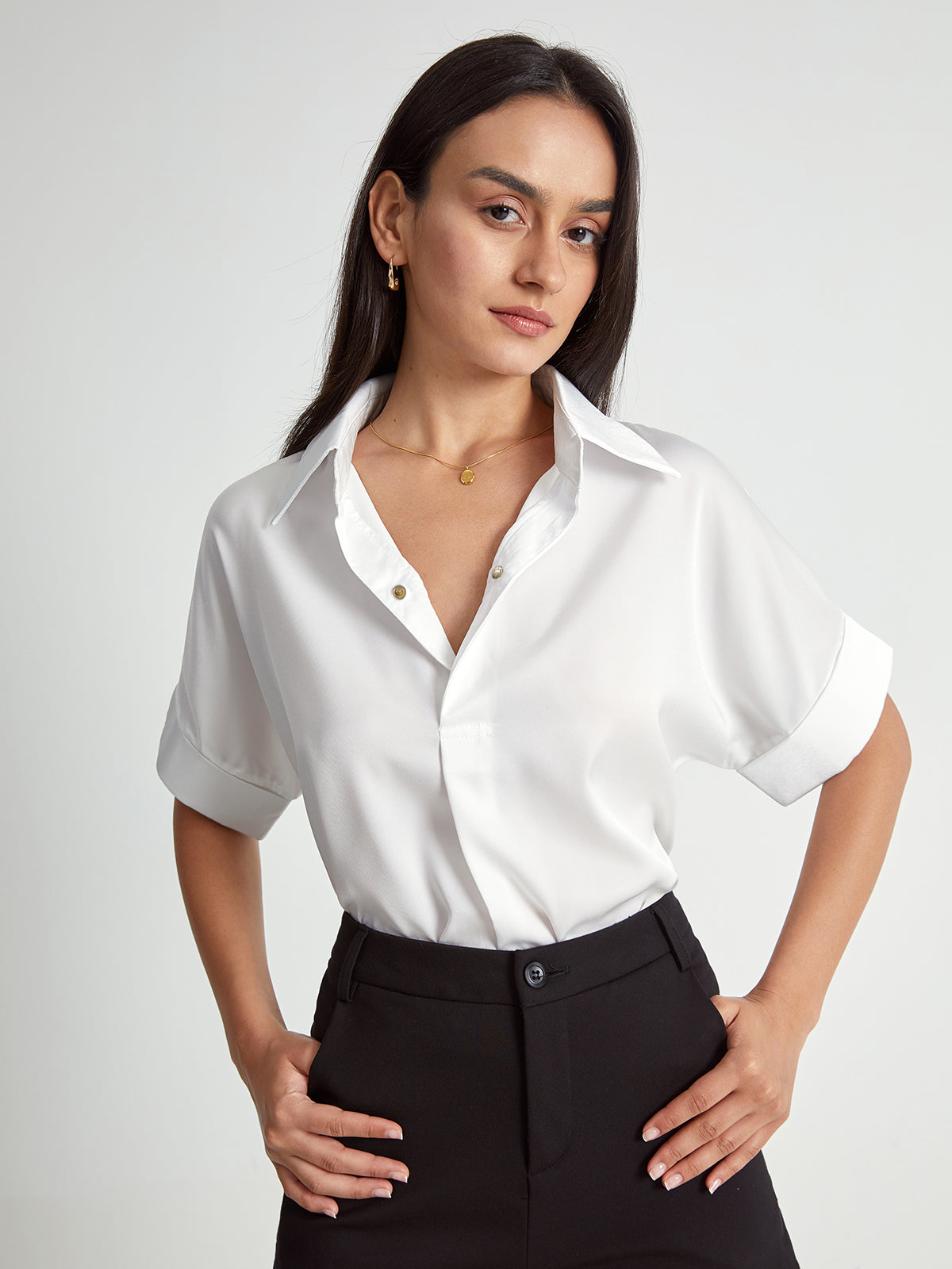 Thecomense - Quarter Sleeve Deep V Notch Lapel Blazer Shirt