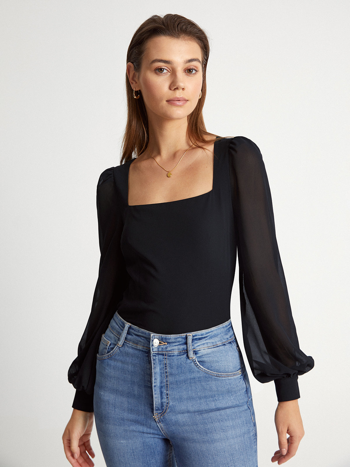 Thecomense - Mesh Puff Sleeve Square Neck Top