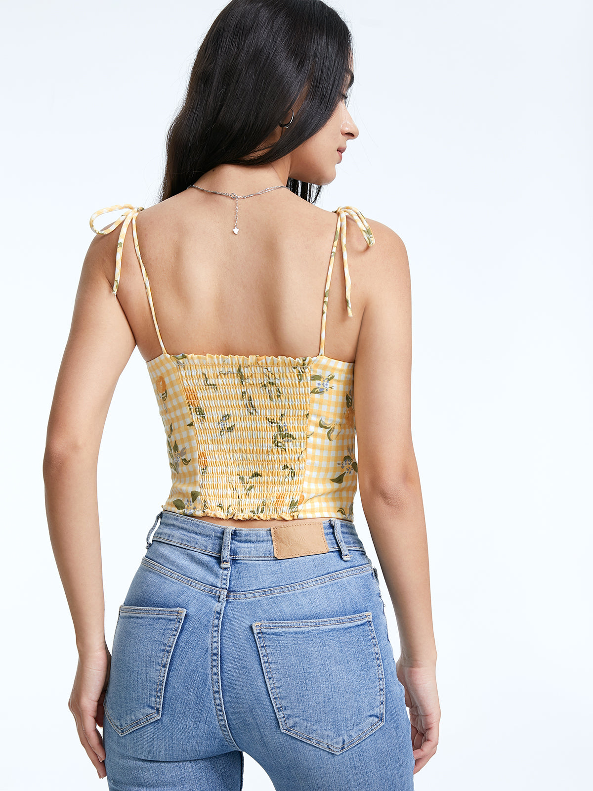 Thecomense - Cropped Lemon Gingham Sweetheart Tie Strap Tank Top