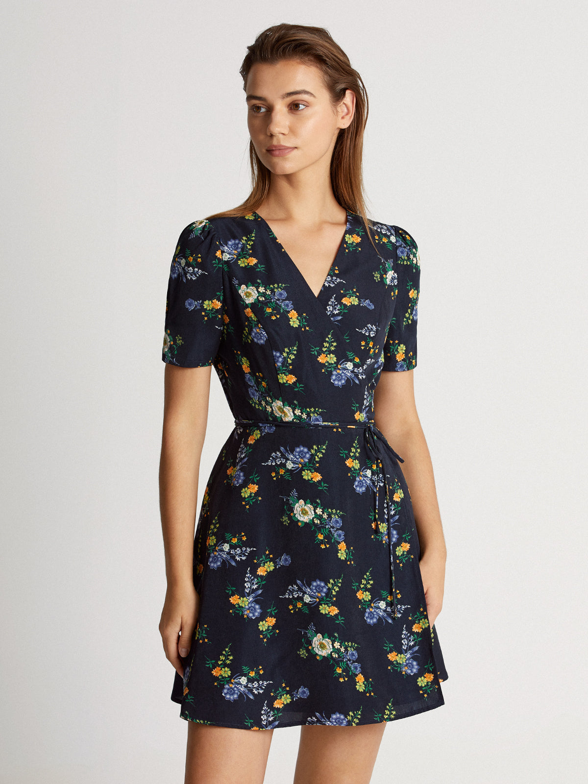 Thecomense - Dark Floral Bloom Short Sleeve V-Neck Mini Wrap Dress
