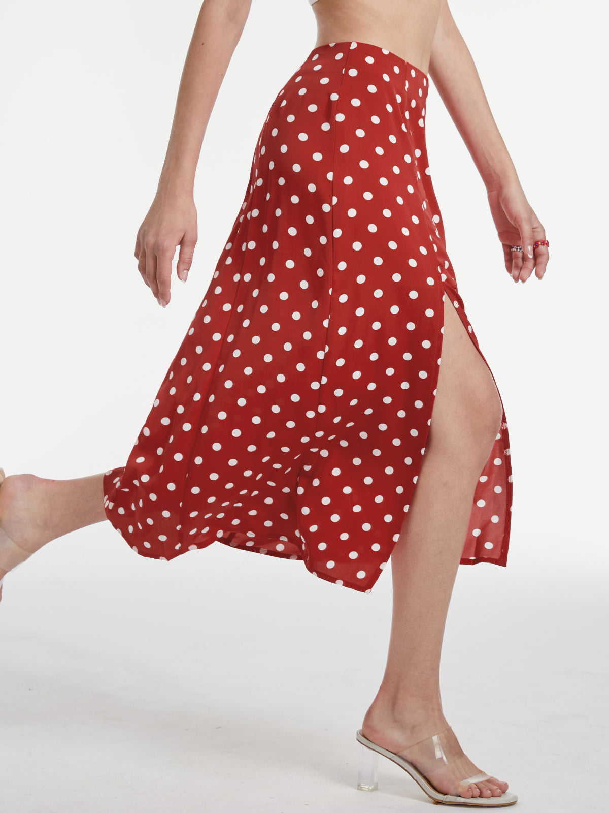 Thecomense - High Waisted Polka Dot Slit Midi Skirt