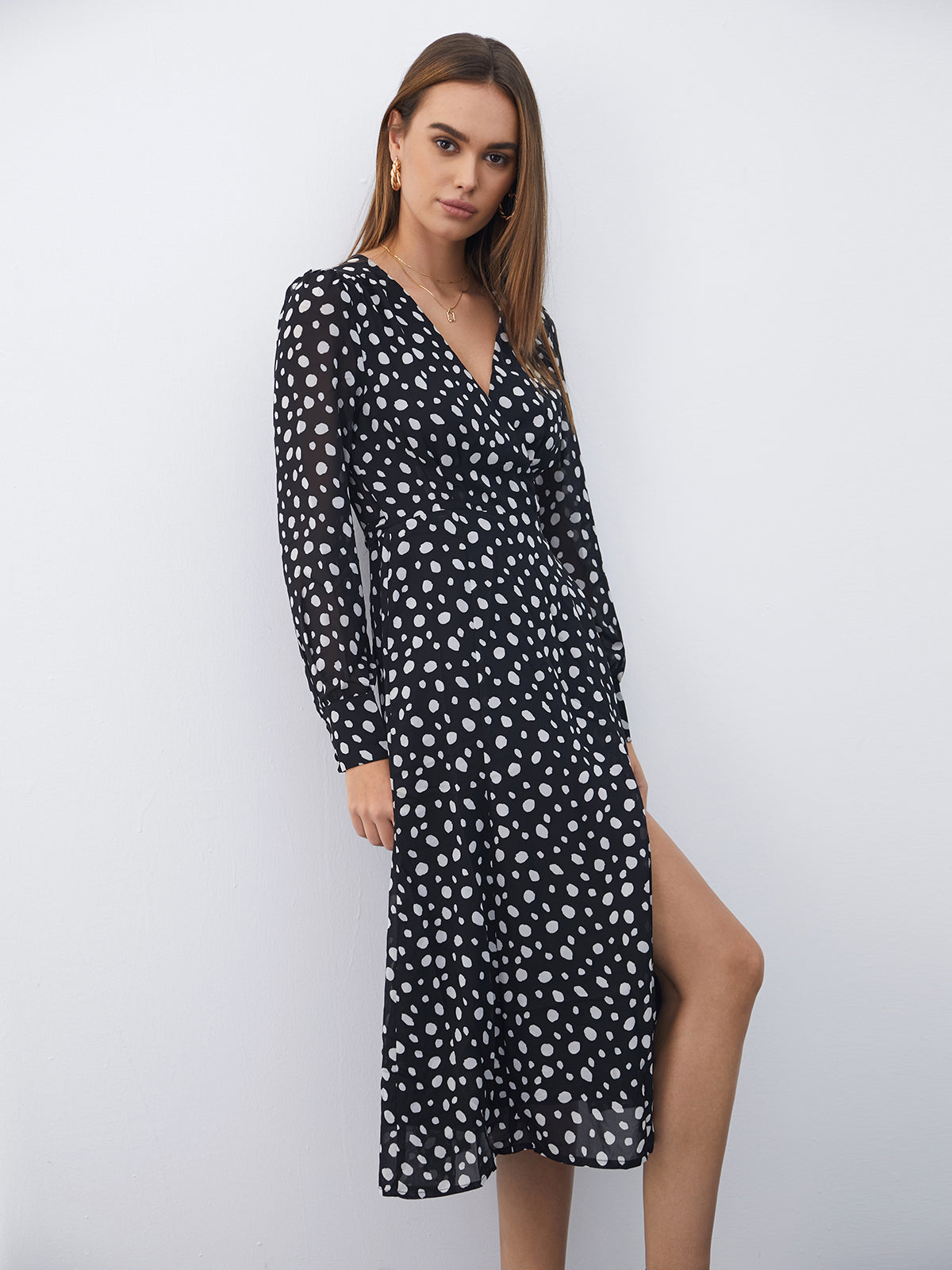 Thecomense - Long Sleeve V Neck Dress with Wrap Slit
