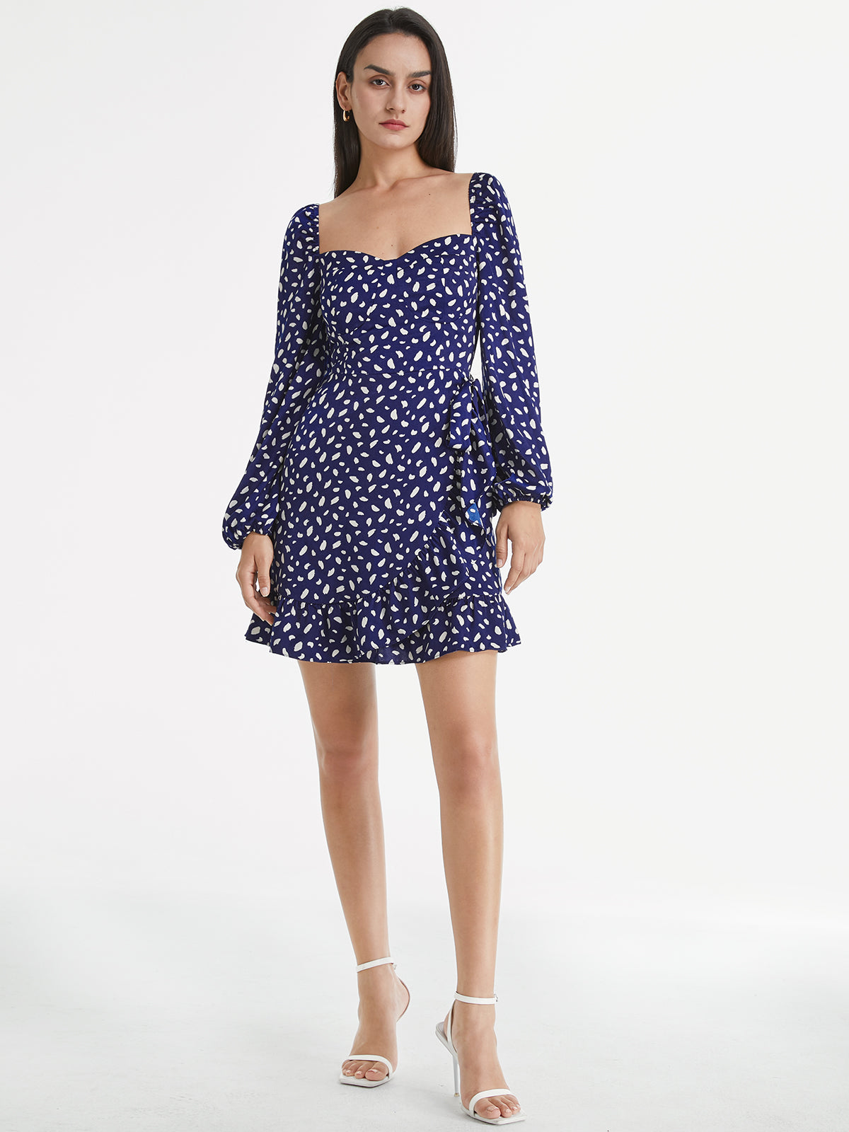 Thecomense - Sweetheart Long Puff Sleeve Printed Mini Ruffle Dress