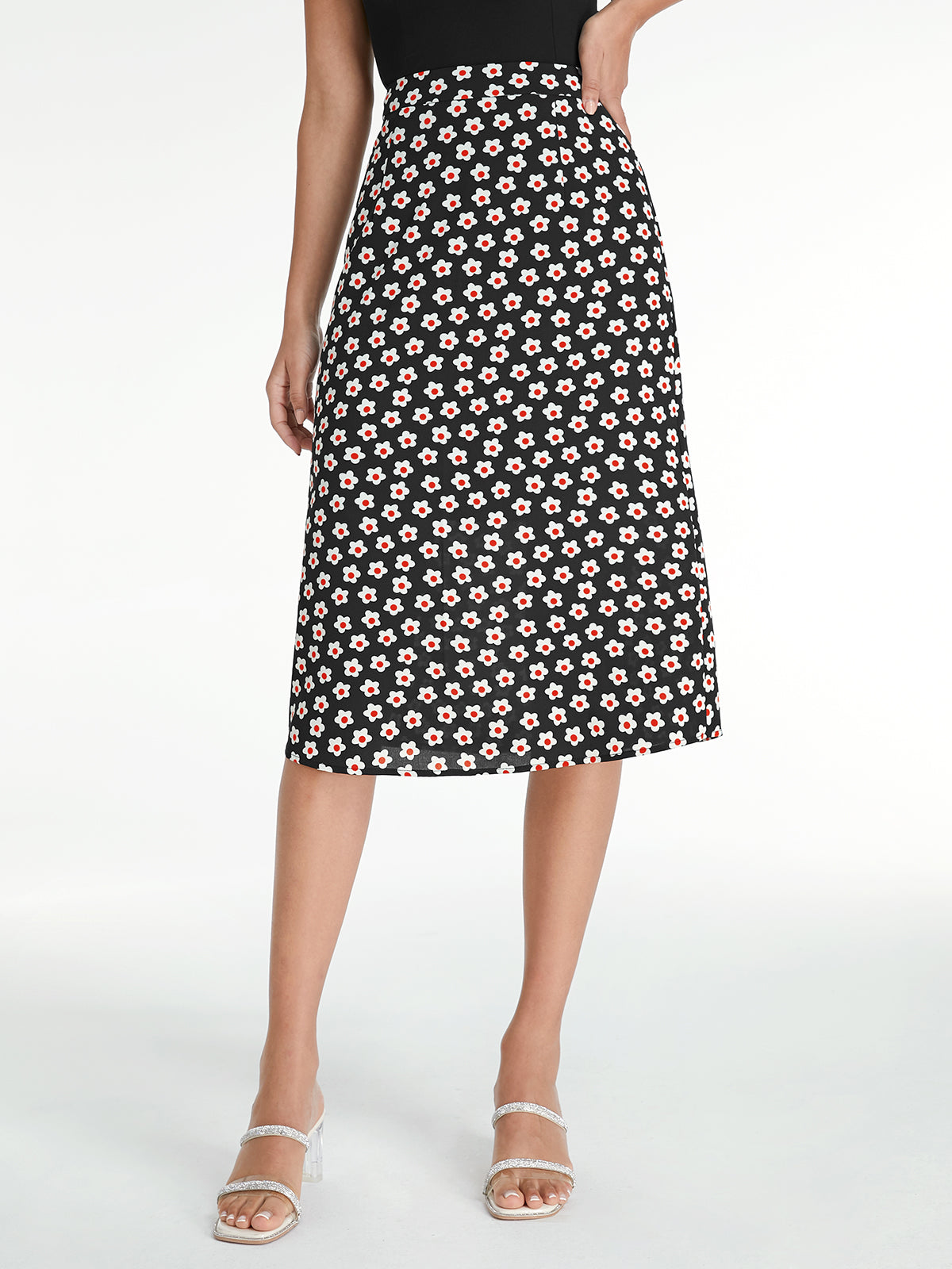 Thecomense - High Waisted Dark Floral Midi Skirt