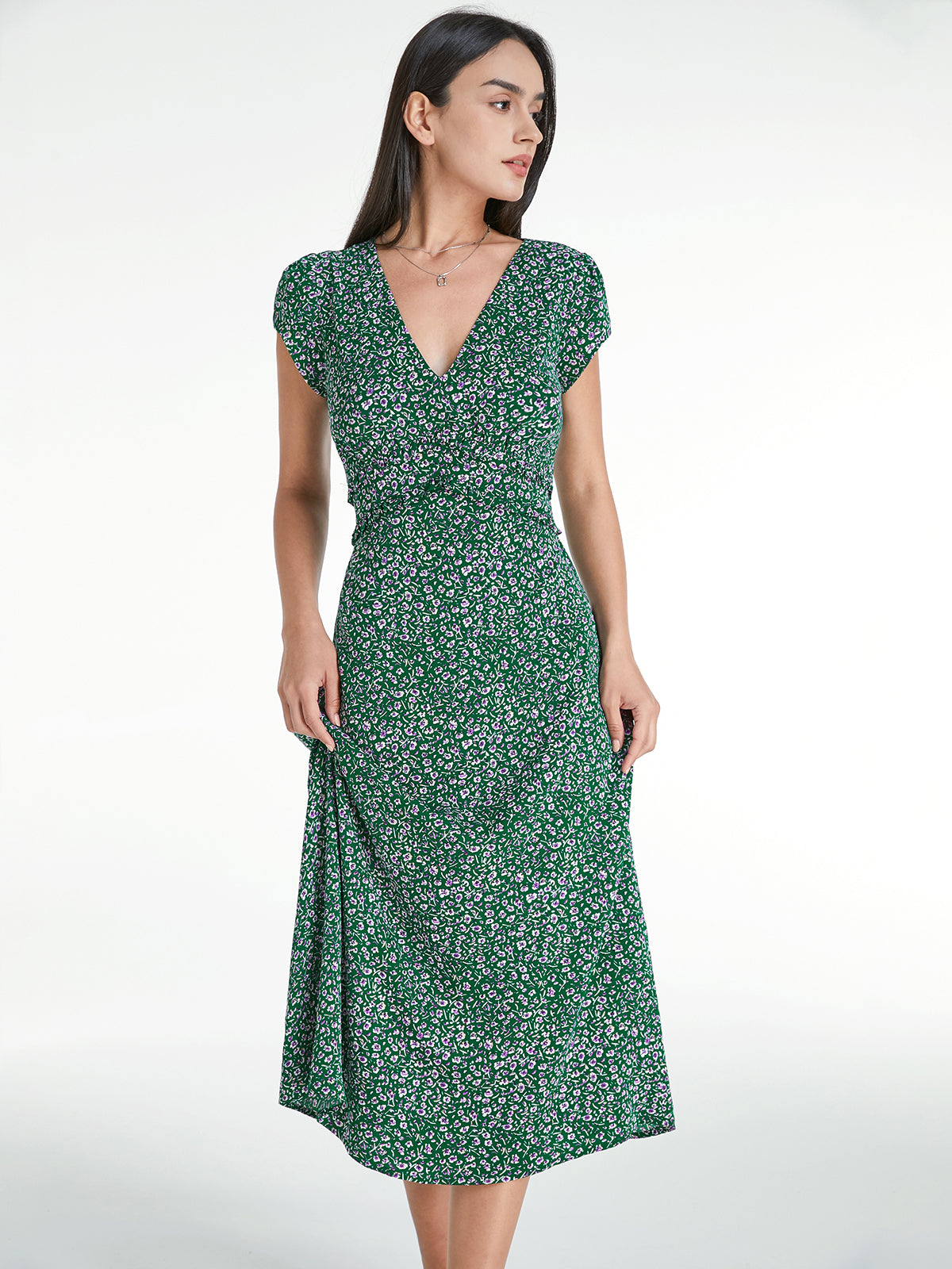 Thecomense - Cap Flutter Sleeve V-Neck Floral Tie Strap Dress