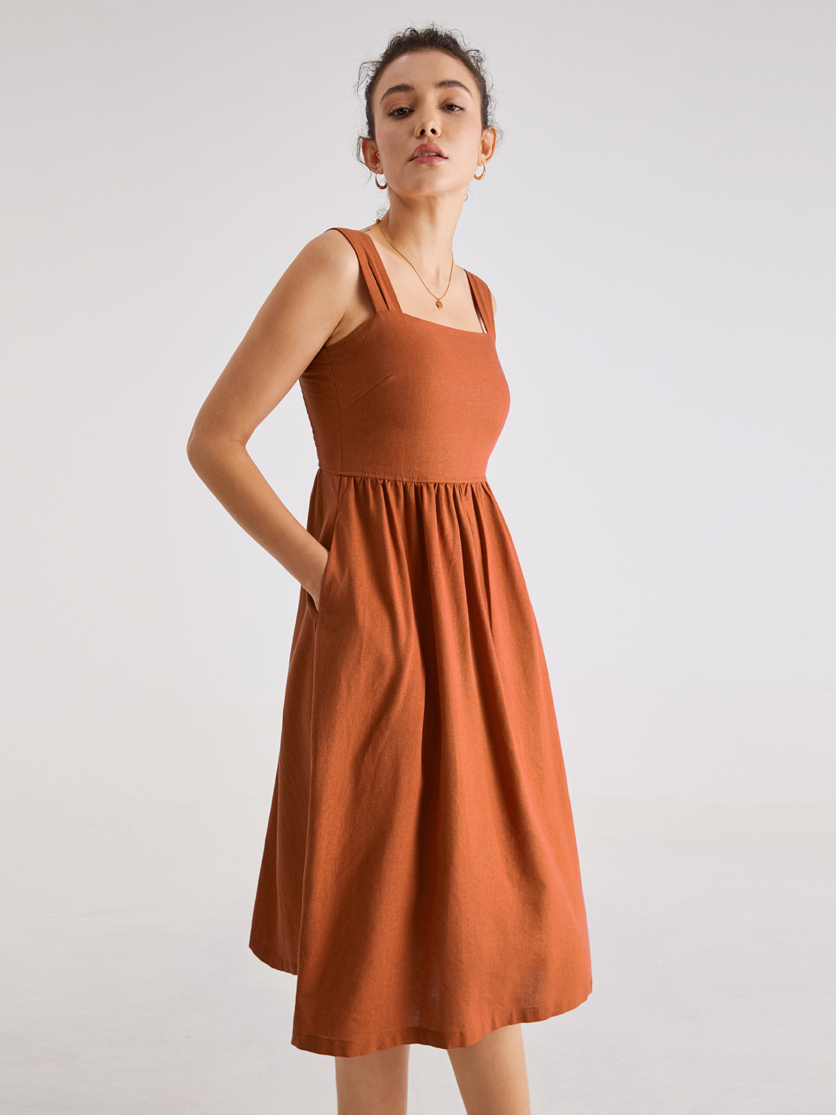 Thecomense - Square Neck A Line Pleat Strap Dress