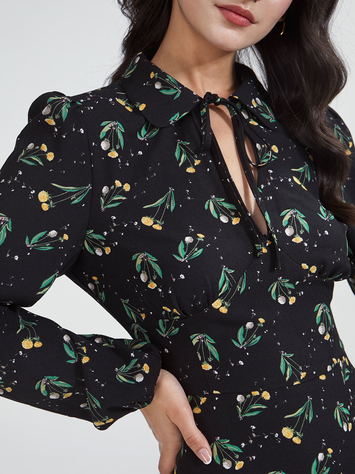 Thecomense - High Neck Keyhole Puff Sleeve Floral A Line Mini Dress