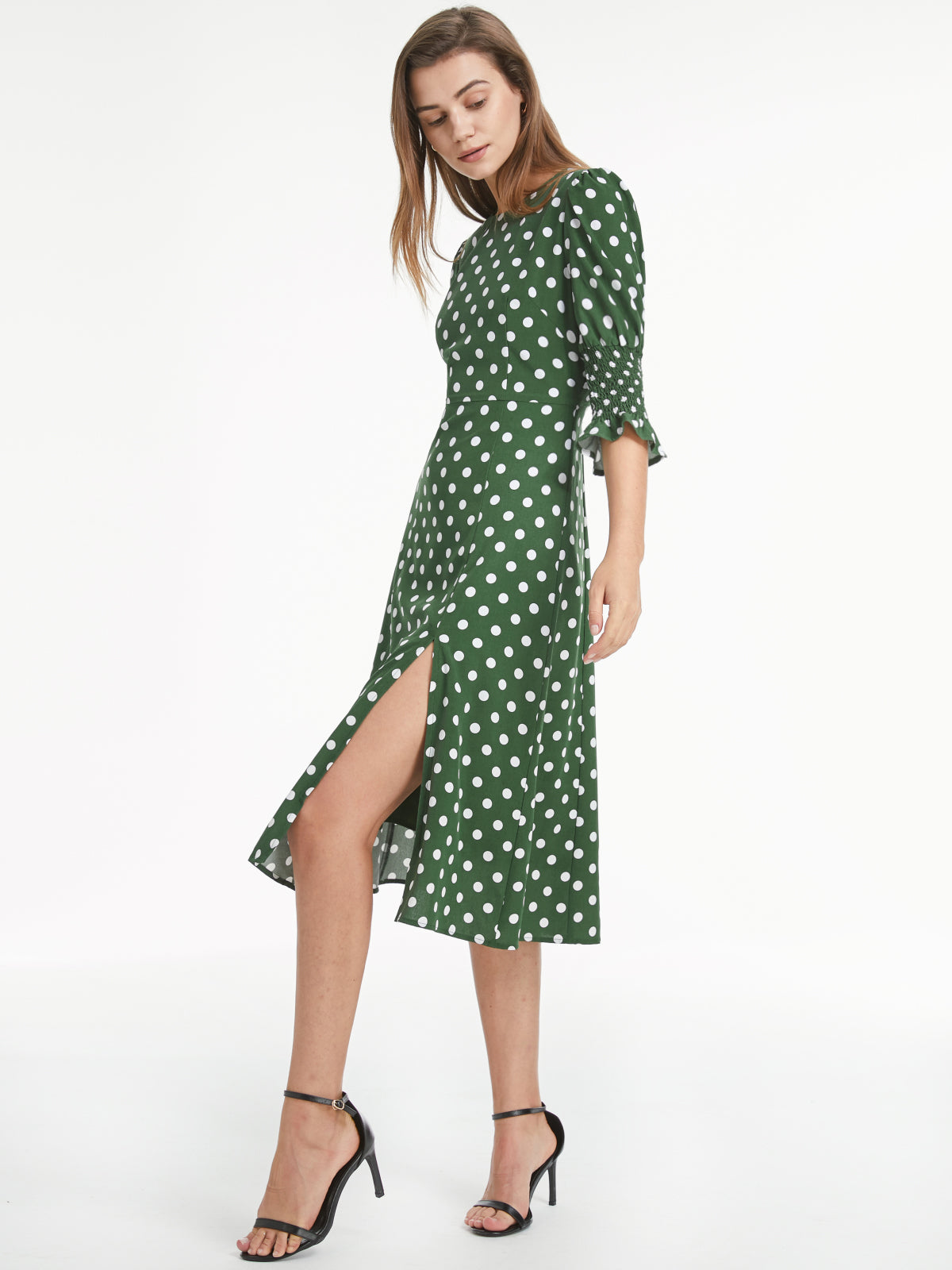 Thecomense - Short Puff Sleeve Straight Neck Polka Dot Slit Dress