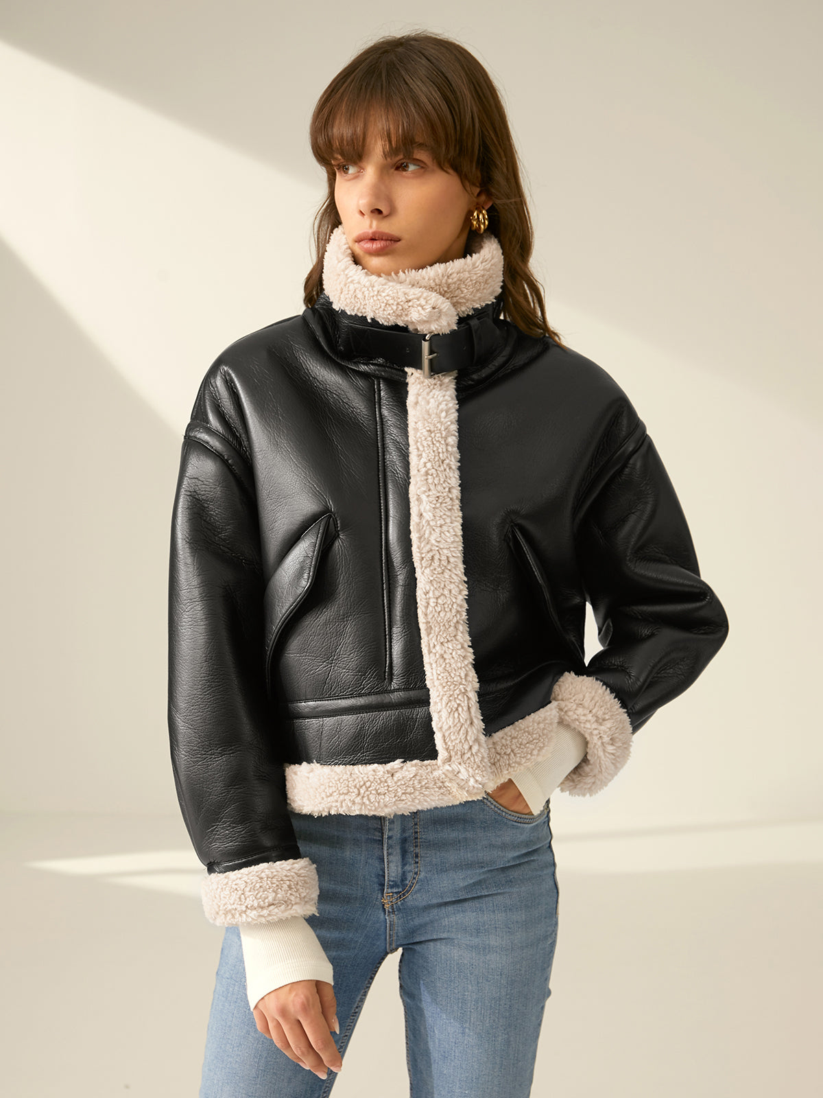 Thecomense - Sherpa Lined Shearling Leather Flight Jacket