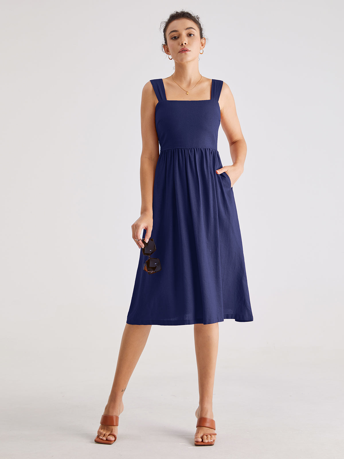 Thecomense - Square Neck A Line Pleat Strap Dress