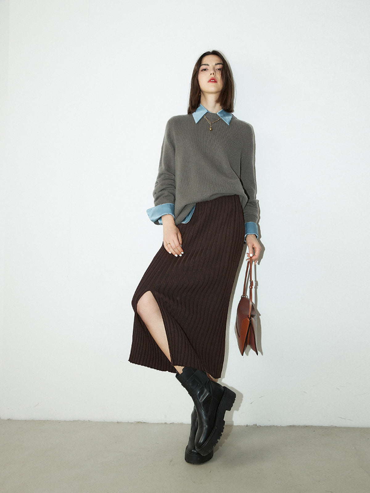 Thecomense - Ribbed Long Knitted Skirt with Slit