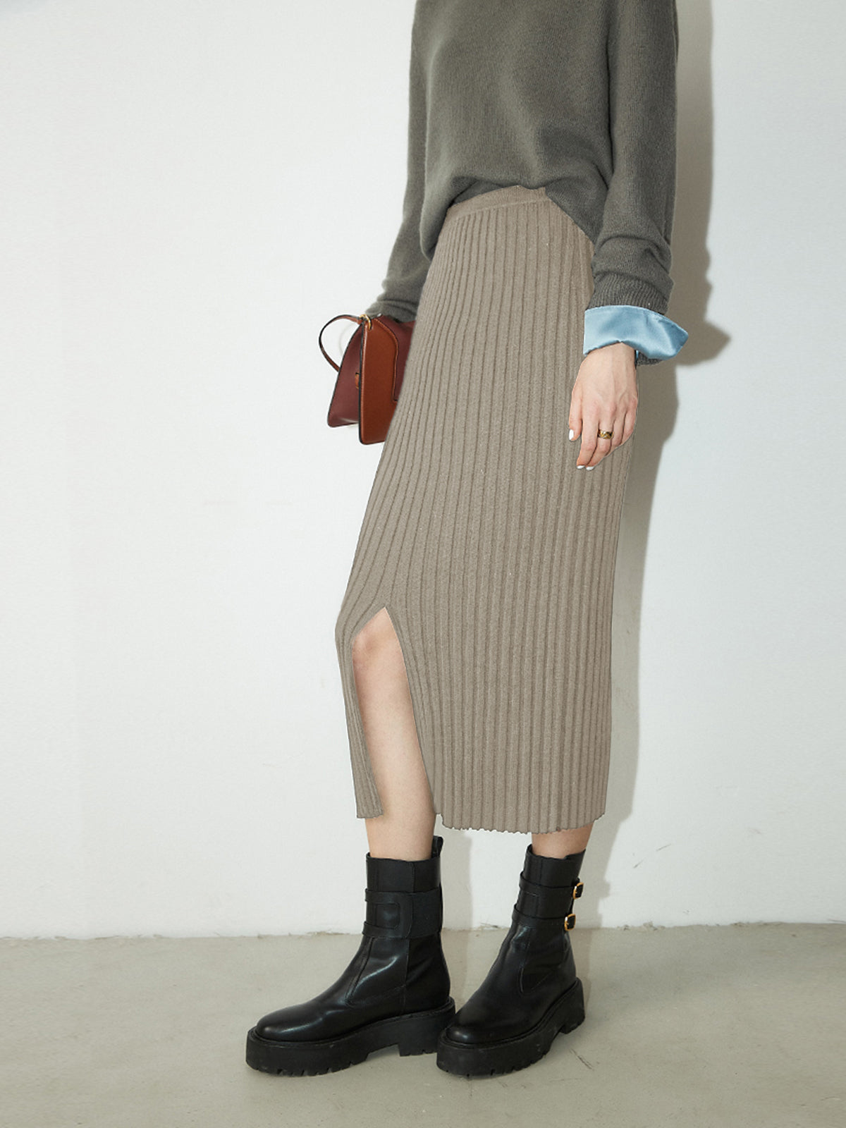 Thecomense - Ribbed Long Knitted Skirt with Slit