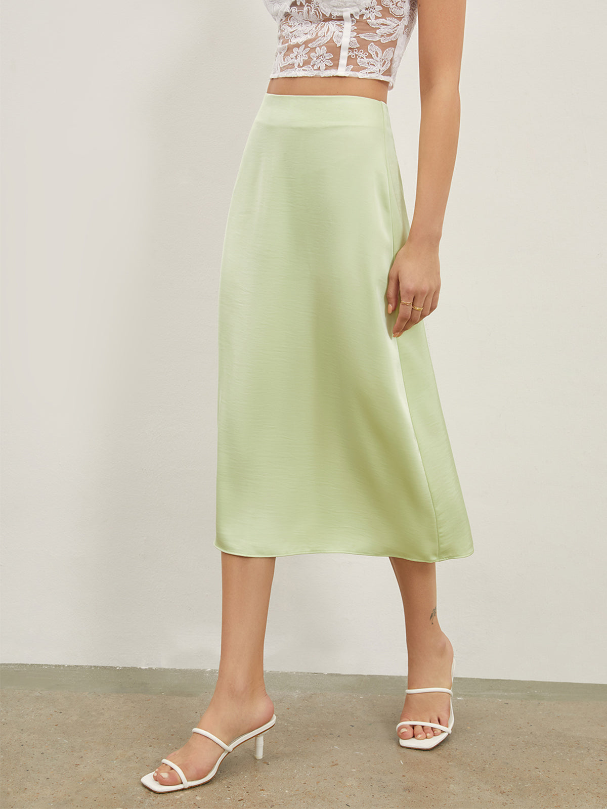 Thecomense - High Waisted Satin Midi Slip Skirt