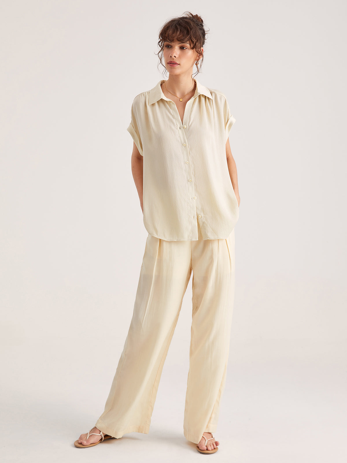 Thecomense - Drop Shoulder Pleat Button Up Shirt