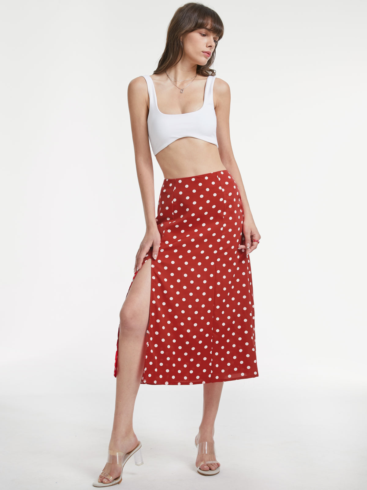 Thecomense - High Waisted Polka Dot Slit Midi Skirt